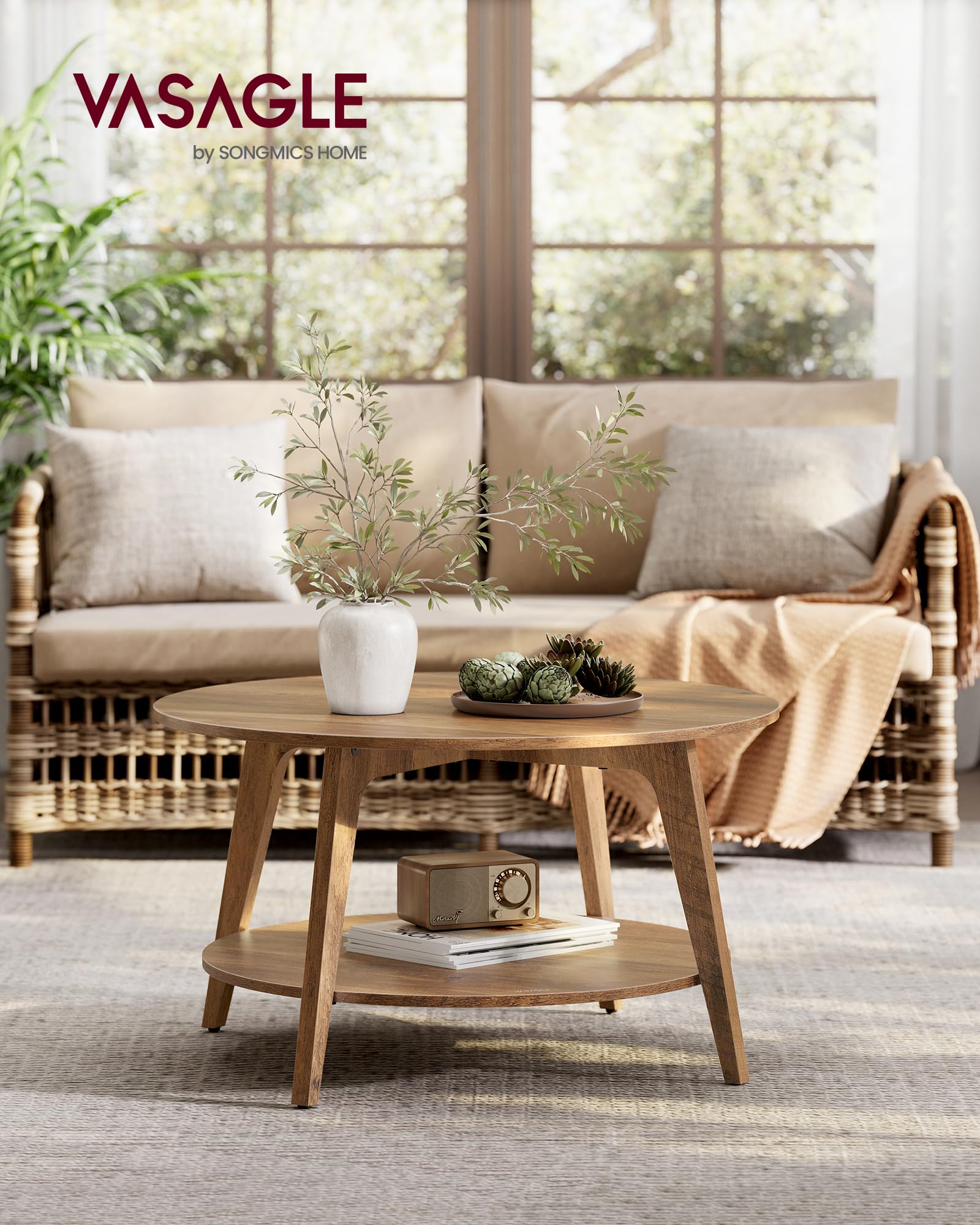 Round Coffee Table, 31.5" 2-Tier Living Room Table with Storage Shelf, Honey Brown Finish, ULCT243K41