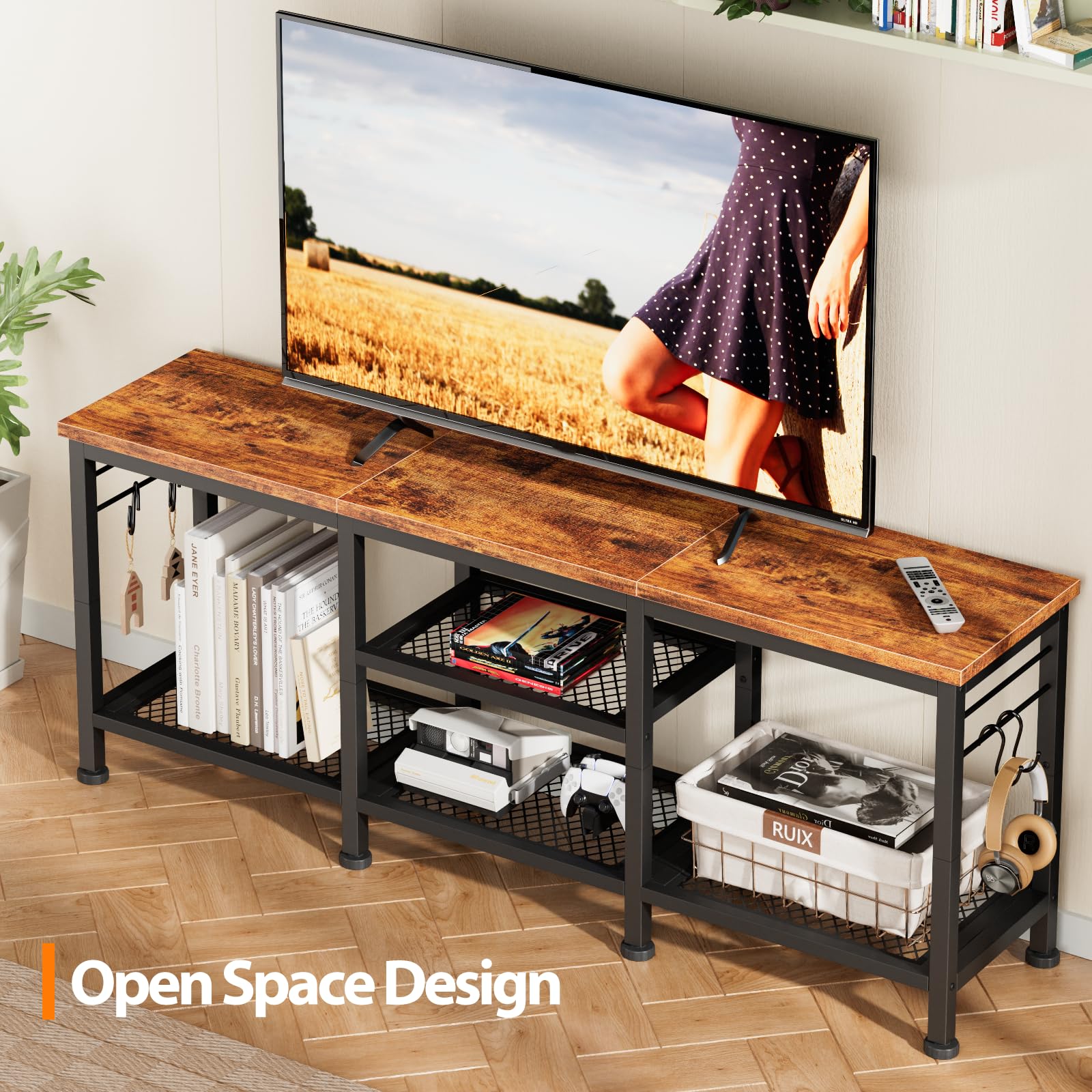 TV Stand for TVs up to 55" – Rustic Brown Media Console with Open Storage Shelves & Soundbar Shelf for Living Room or Bedroom