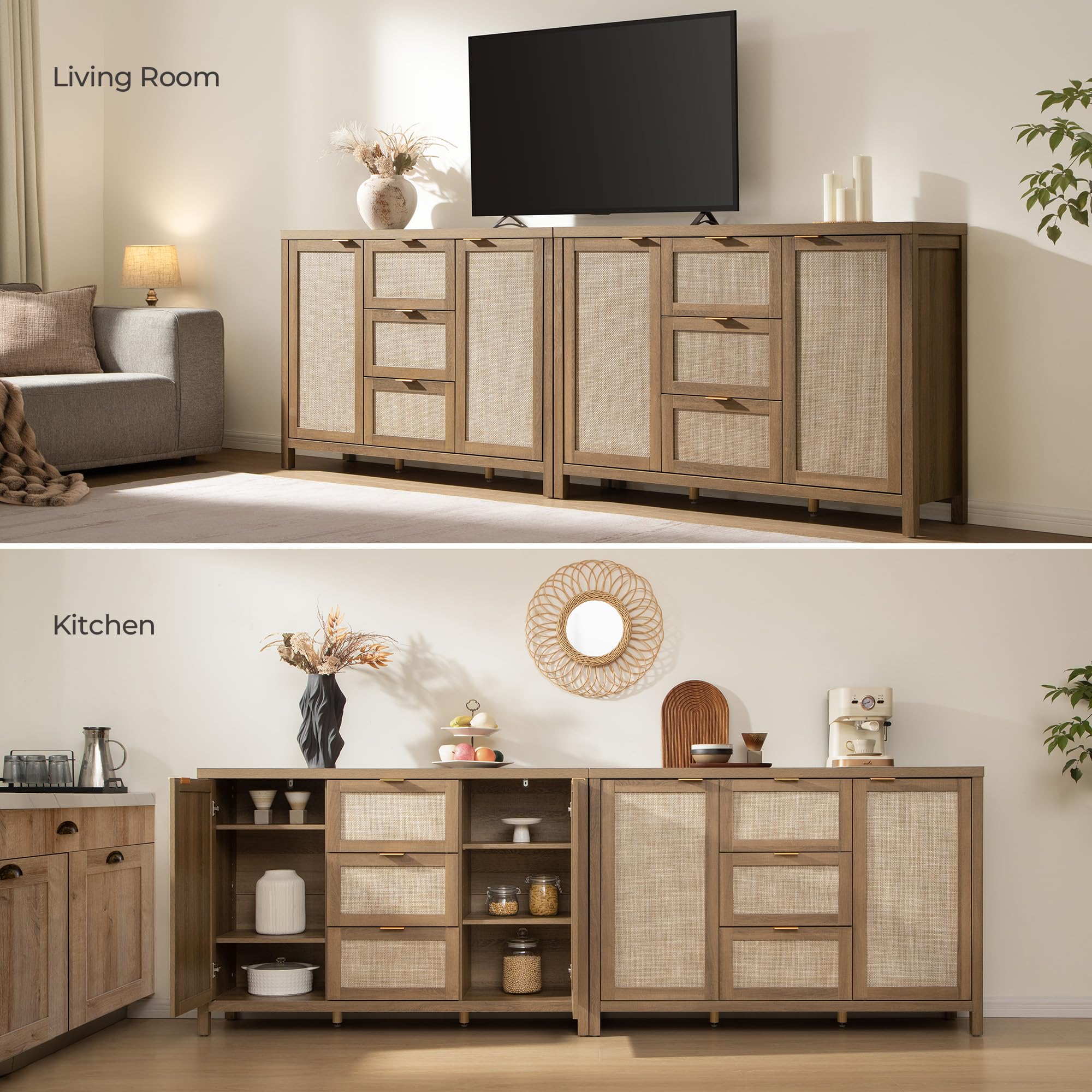 52" Rattan Sideboard Buffet Cabinet with 3 Drawers & 2 Doors, Boho Storage Console for Kitchen, Oak