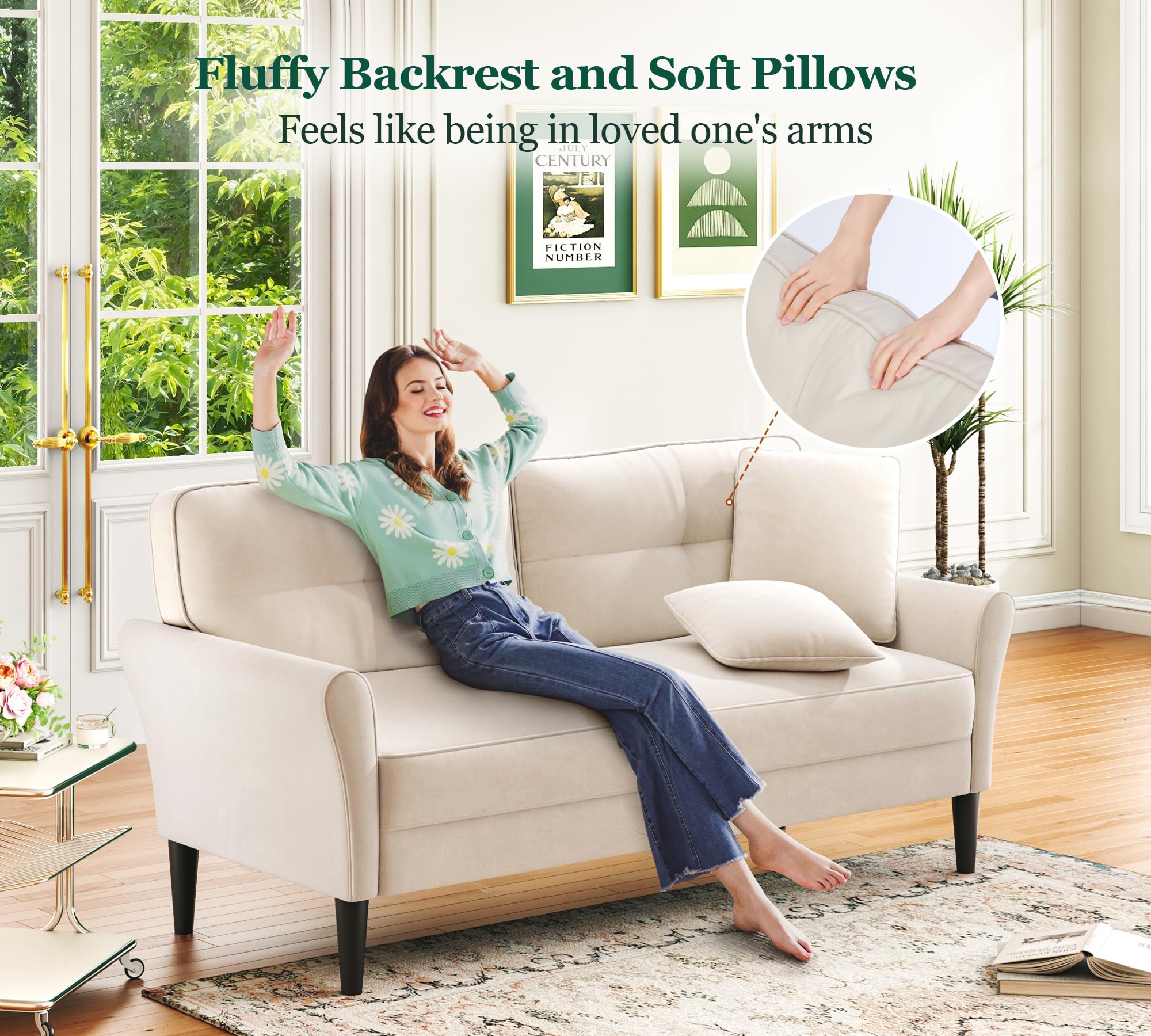 69" Small White Loveseat Sofa with 2 Pillows, Tool-Free Assembly, 700lb Load Mini Couch for Bedroom, Living Room, Cozy