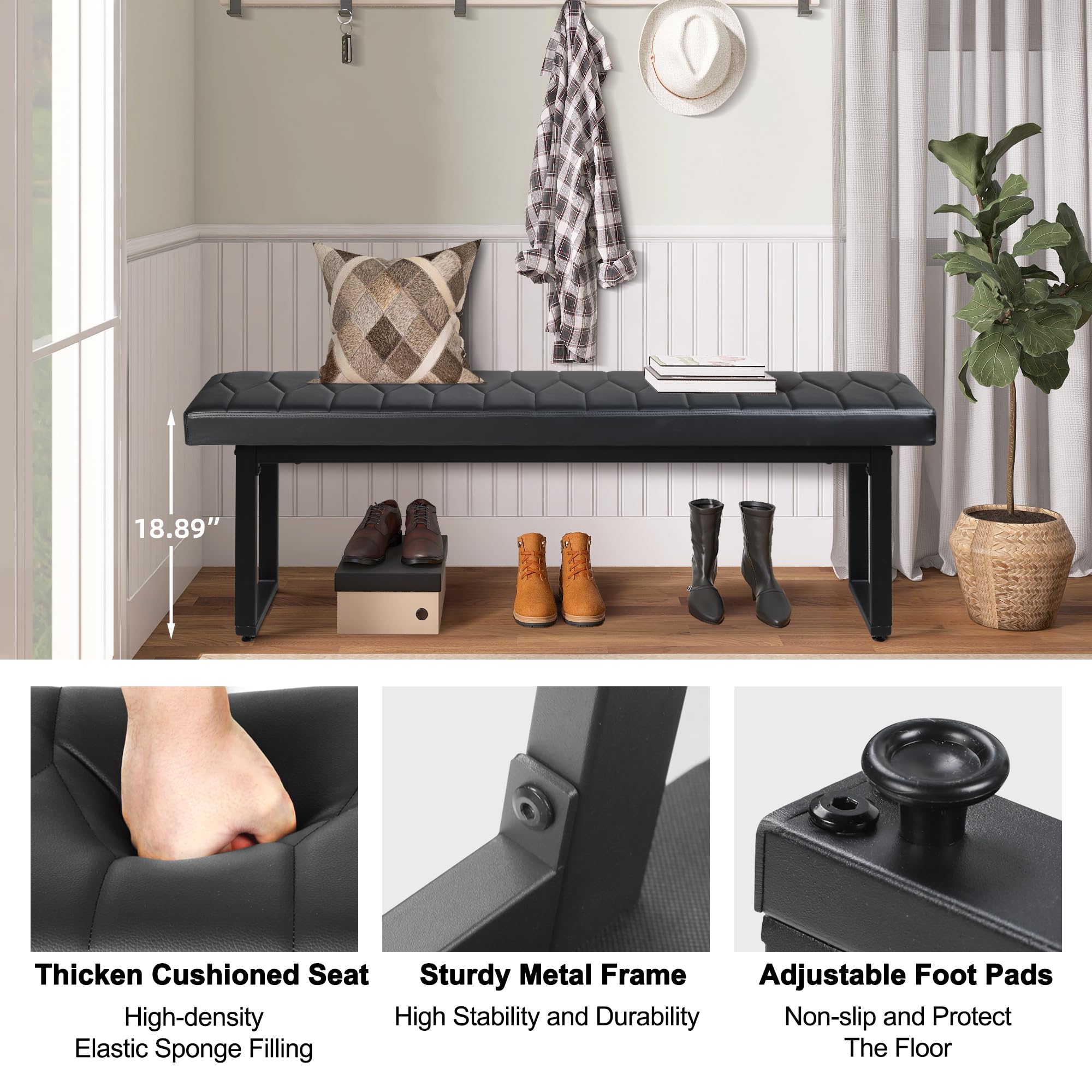 58" Faux Leather Dining Bench Set of 2, Indoor Cushioned Benches for Entryway, Bedside, Dining Room