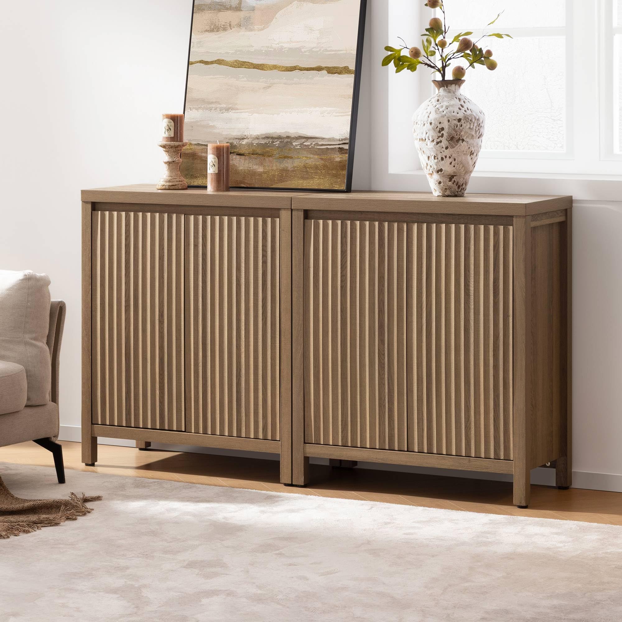 FURNIXI Set of 2 Fluted Sideboard Buffet Cabinets with Adjustable Shelves, Farmhouse Credenza for Kitchen, Oak