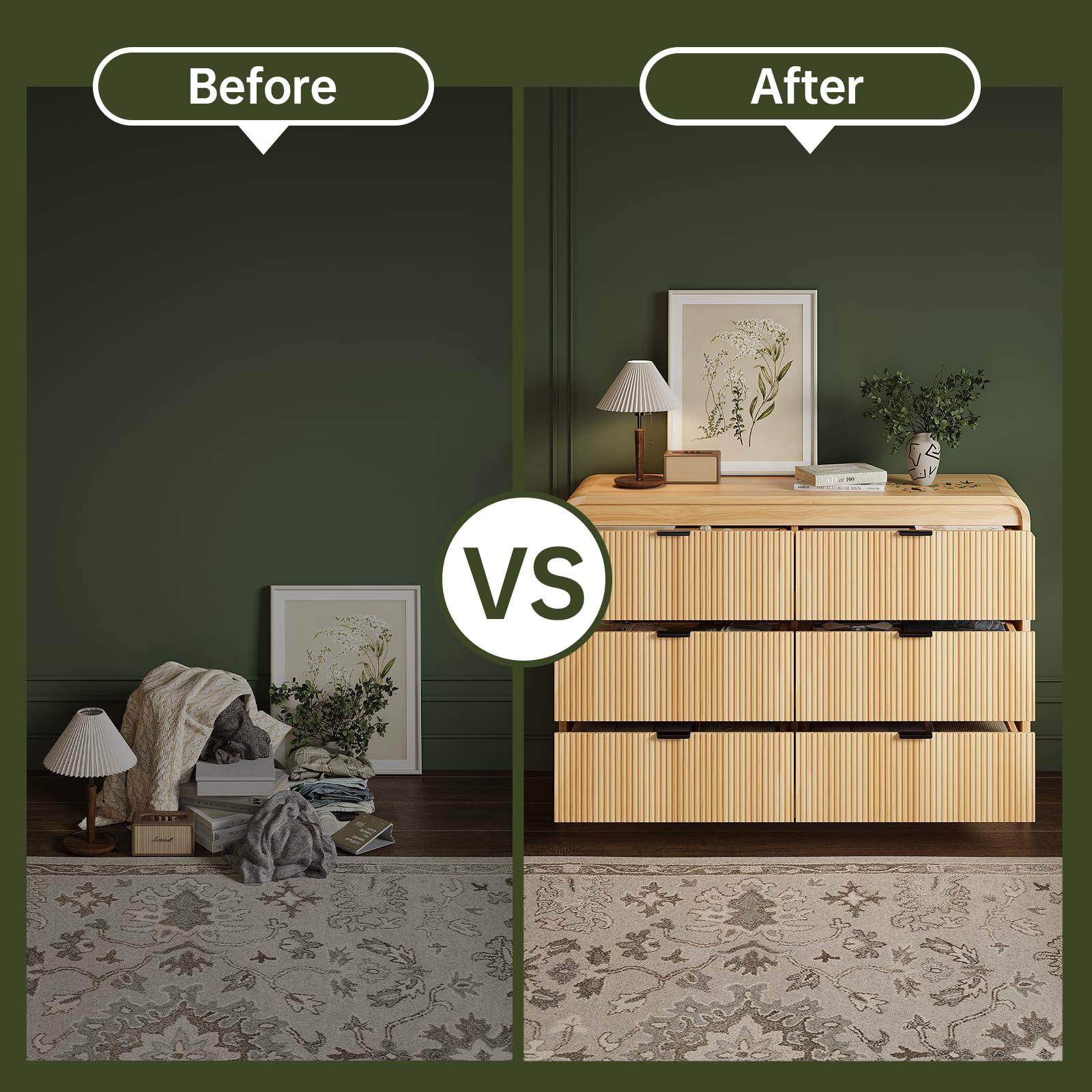 Fluted 6-Drawer Dresser – 54" Wide Oak Storage Chest with Curved Design & Metal Handles for Bedroom or Hallway
