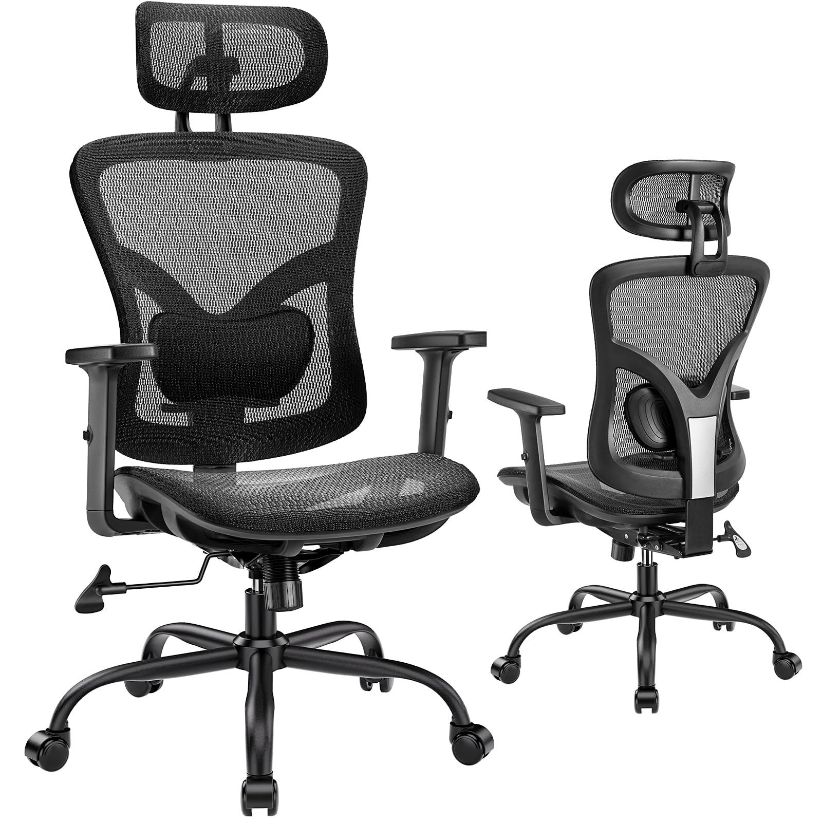 Ergonomic Mesh Desk Chair with Adjustable Lumbar Support, 2D Headrest & Armrests, Home Office Chair, Black