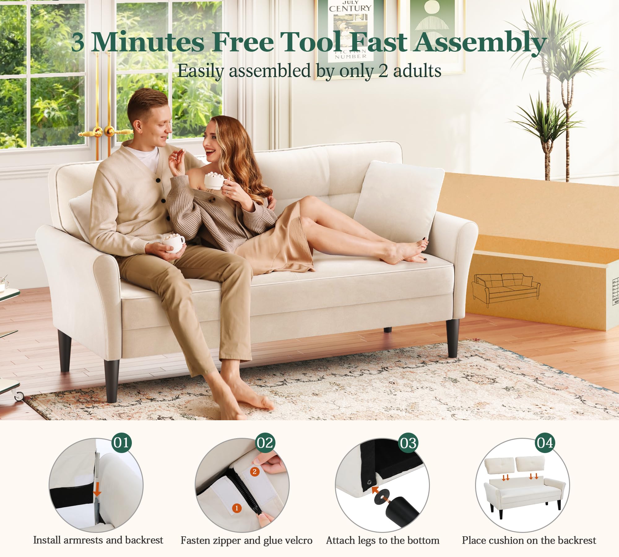69" Small White Loveseat Sofa with 2 Pillows, Tool-Free Assembly, 700lb Load Mini Couch for Bedroom, Living Room, Cozy