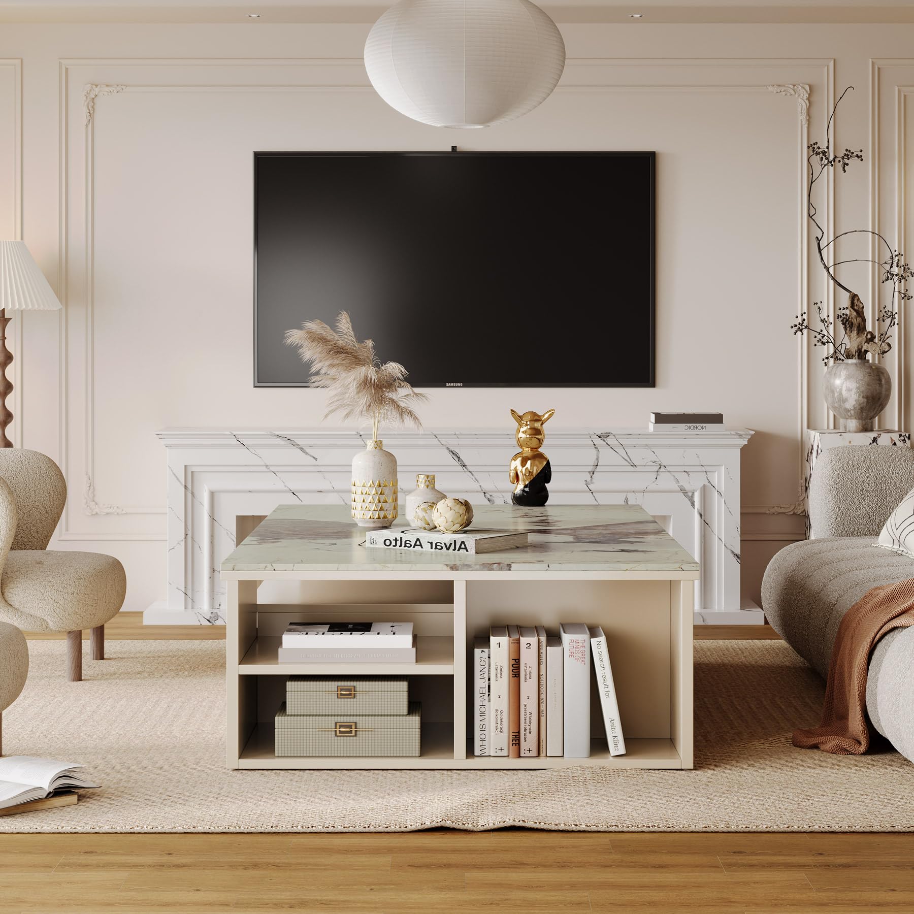 Extendable Coffee Table with Faux Marble Top, 4 Drawers & Storage Shelf, Expands from 51” to 71”
