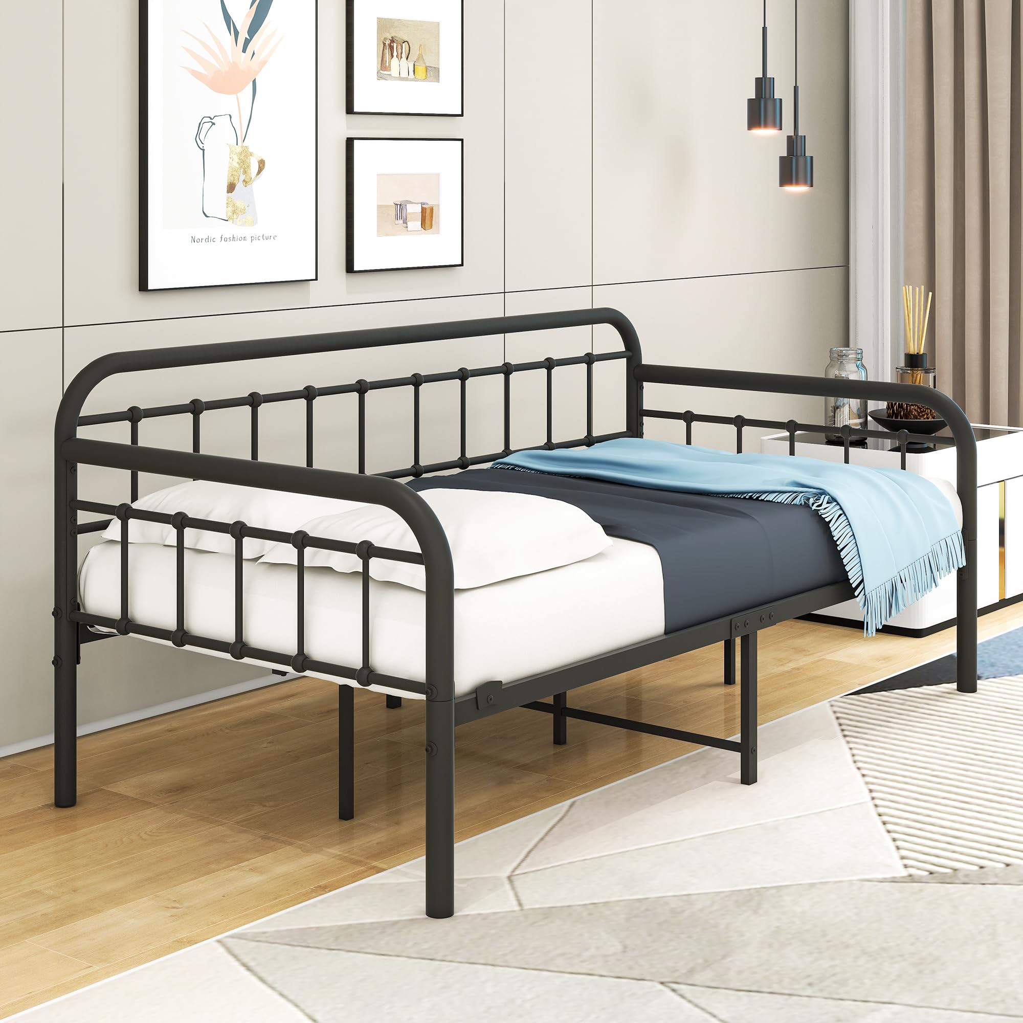 Metal Twin Daybed Frame – Black Sanded Platform Sofa Bed with Heavy-Duty Steel Slats for Bedroom or Guest Room