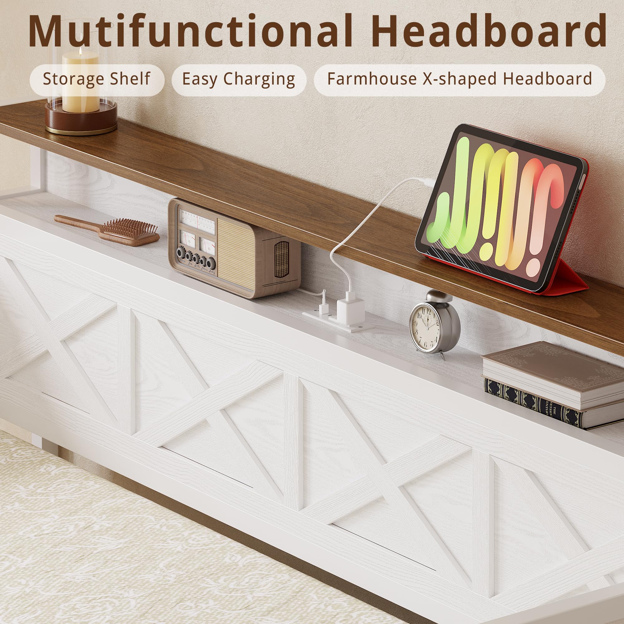 White/Walnut Twin Daybed – Upholstered Daybed with Storage Drawers, Metal Frame, Charging Station, Farmhouse Style
