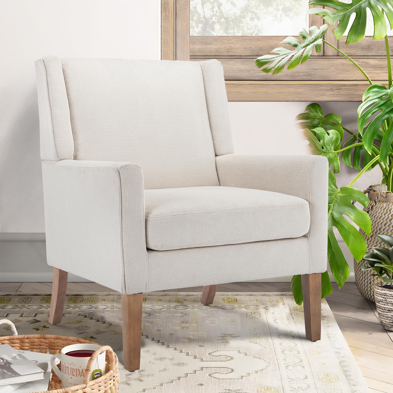 Modern Wingback Accent Chair, Upholstered Fabric Armchair with Lounge Seat & Wood Legs for Living Room, Beige
