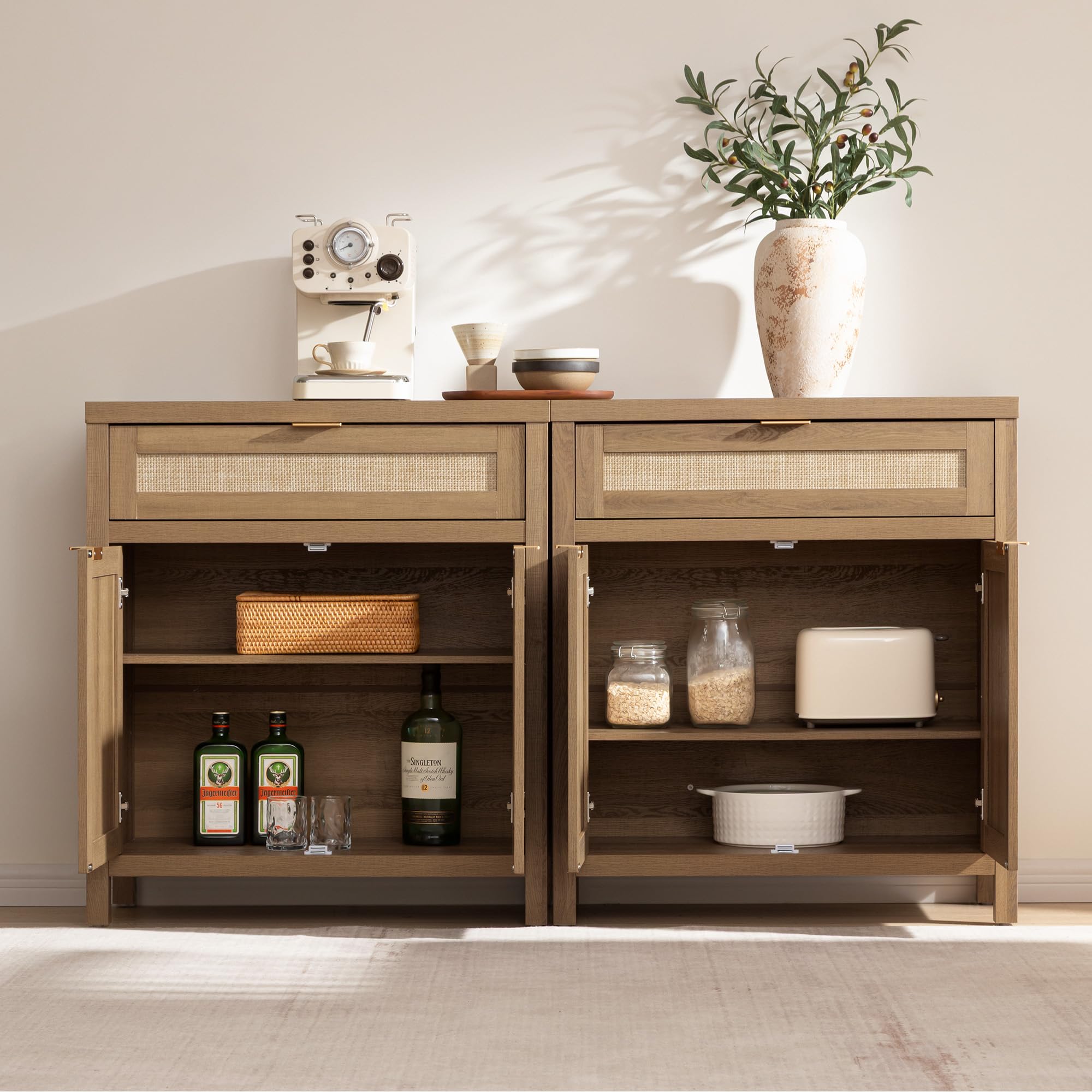 Sideboard Buffet Cabinet Set of 2, Natural Oak Rattan Storage Credenza with Drawer, Boho Coffee Bar for Entryway Living Room