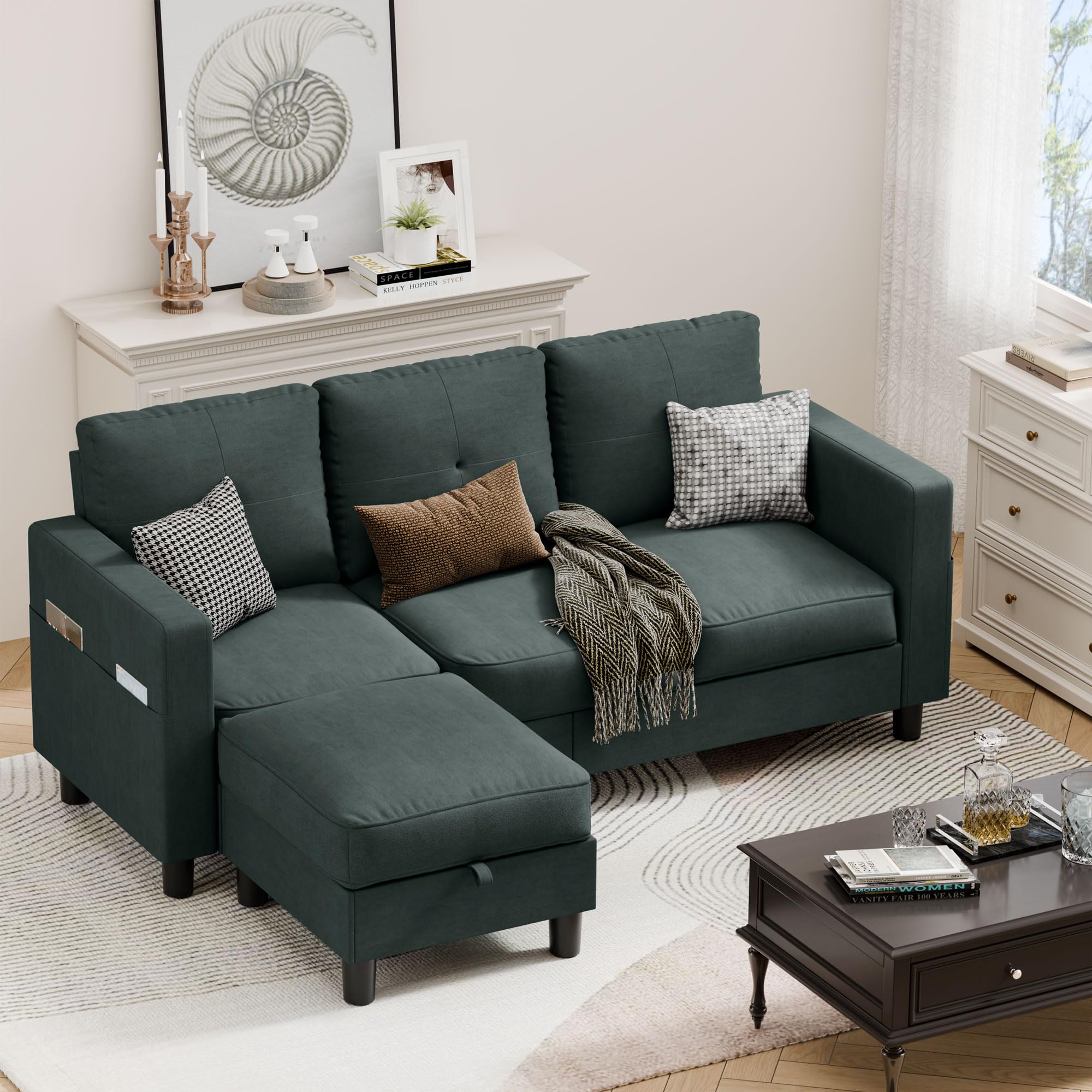 L-Shaped Convertible Sectional Sofa with Ottoman, Green 3-Seater Couch for Apartment, Office, Small Living Room