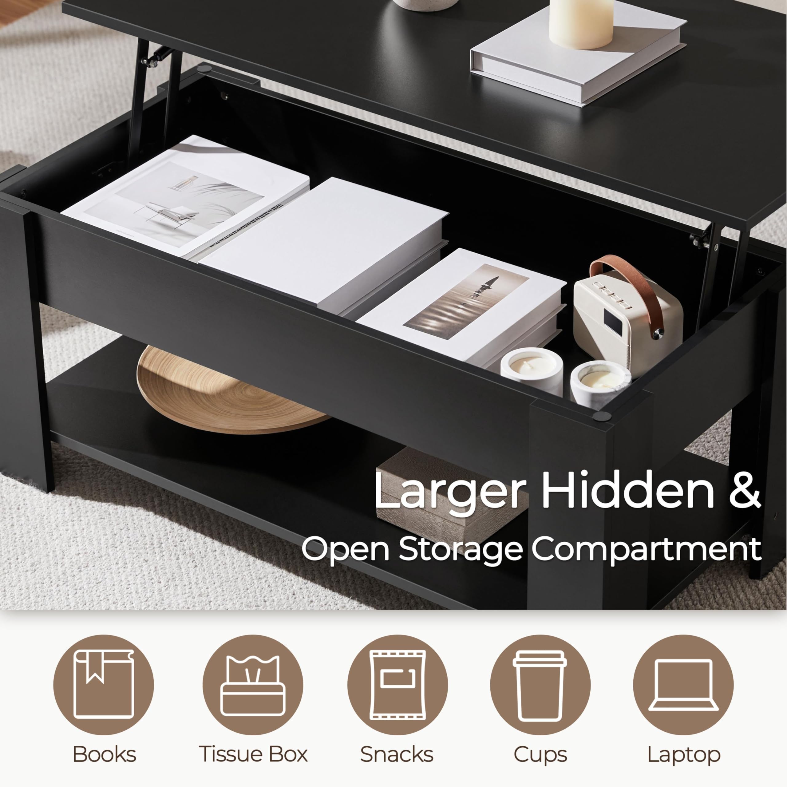 38.6" Lift Top Coffee Table with Hidden Storage, Black Wooden Dining Table for Living Room & Small Spaces