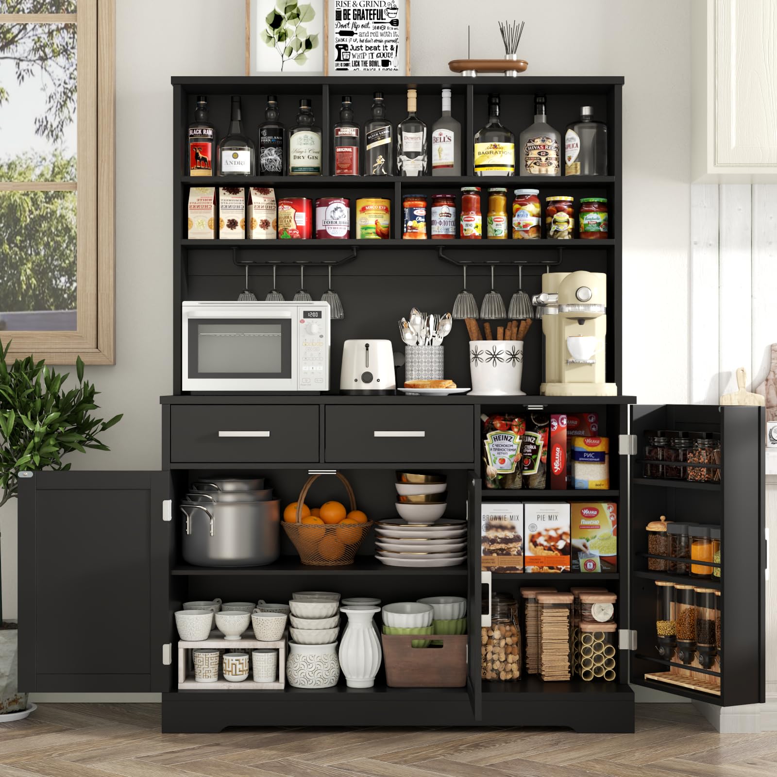 FURNIXI Pantry Storage Cabinet with Drawers, Black Tall Hutch with Microwave Shelf, Goblet Holders, Adjustable Shelves for Kitchen