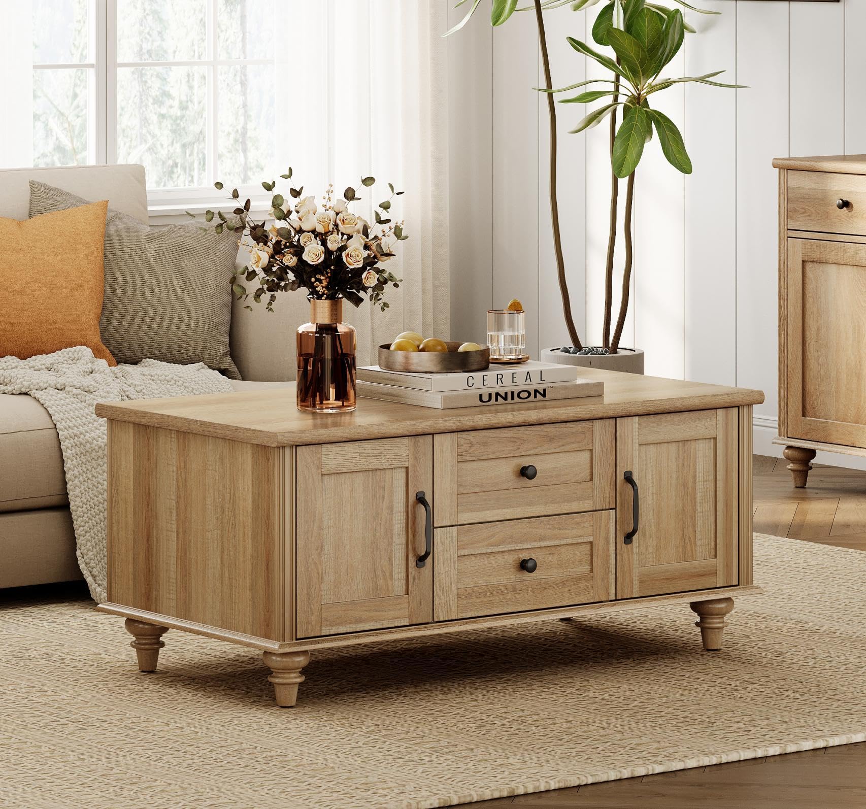 Farmhouse Coffee Table with Storage Cabinet, Rustic Wooden Center Table with Drawers for Living Room, Oak Finish