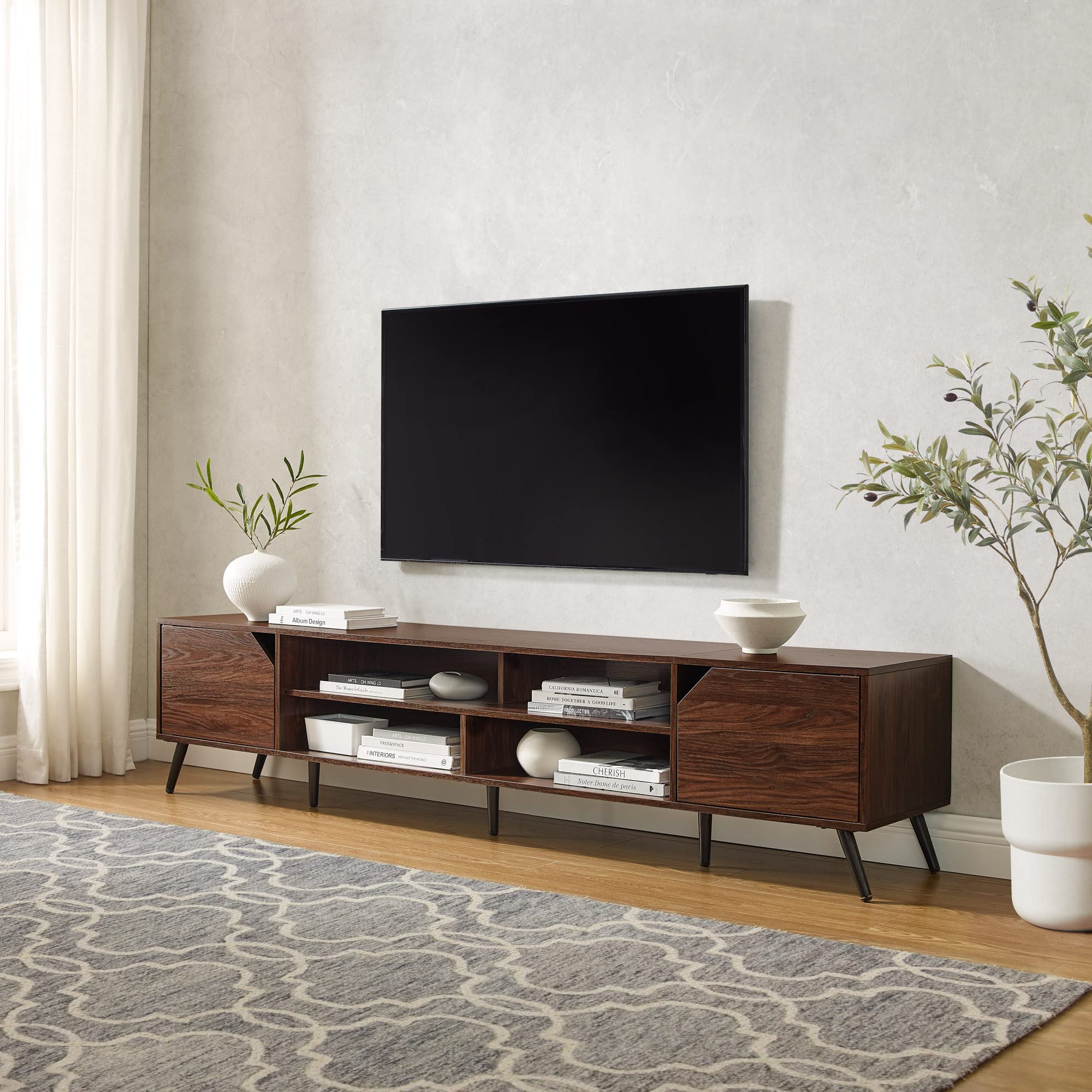 Nora Modern TV Stand – Minimal Open-Shelf Media Console for TVs up to 90 Inches, 80" Dark Walnut Entertainment Unit