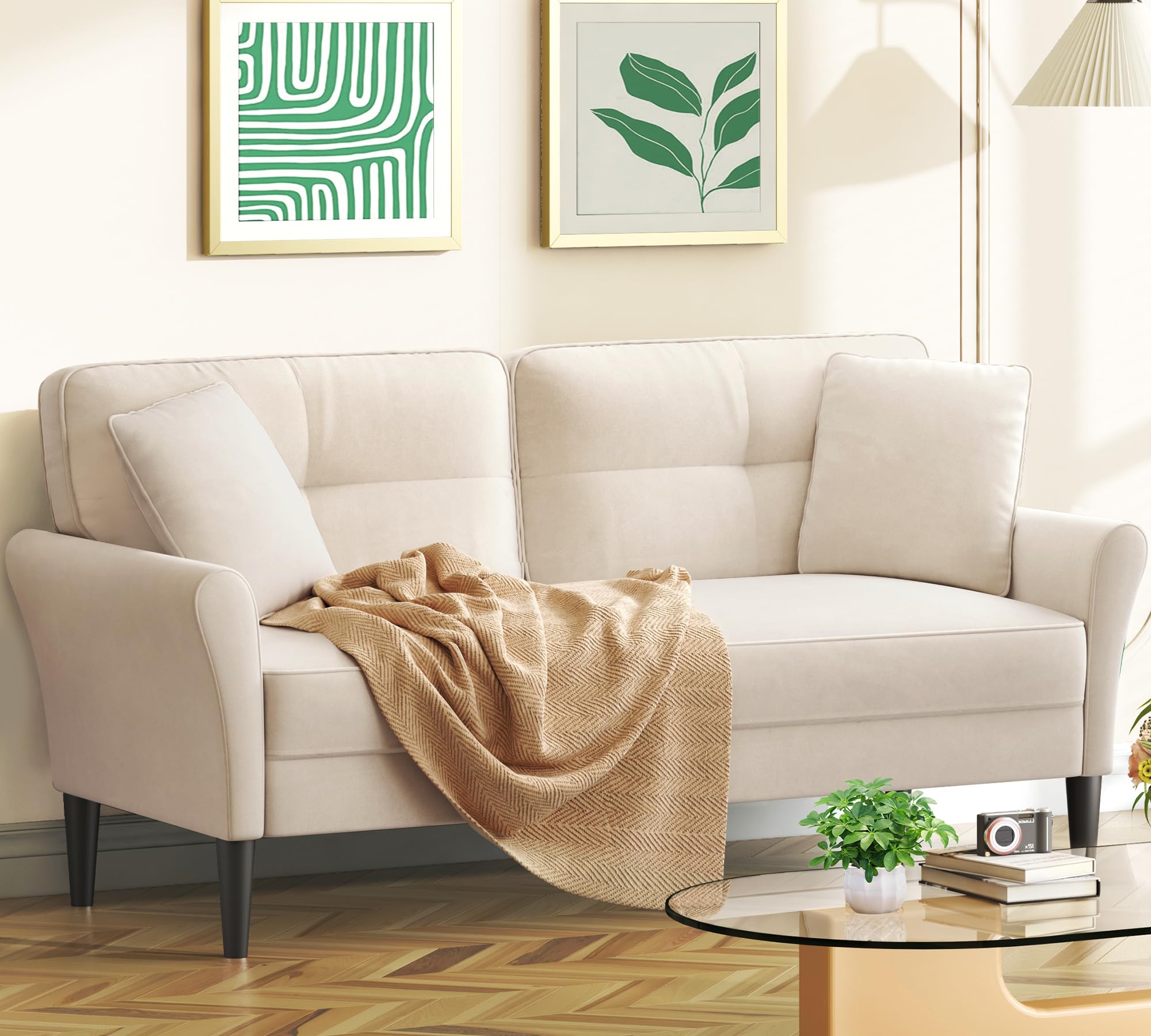 69" Small White Loveseat Sofa with 2 Pillows, Tool-Free Assembly, 700lb Load Mini Couch for Bedroom, Living Room, Cozy
