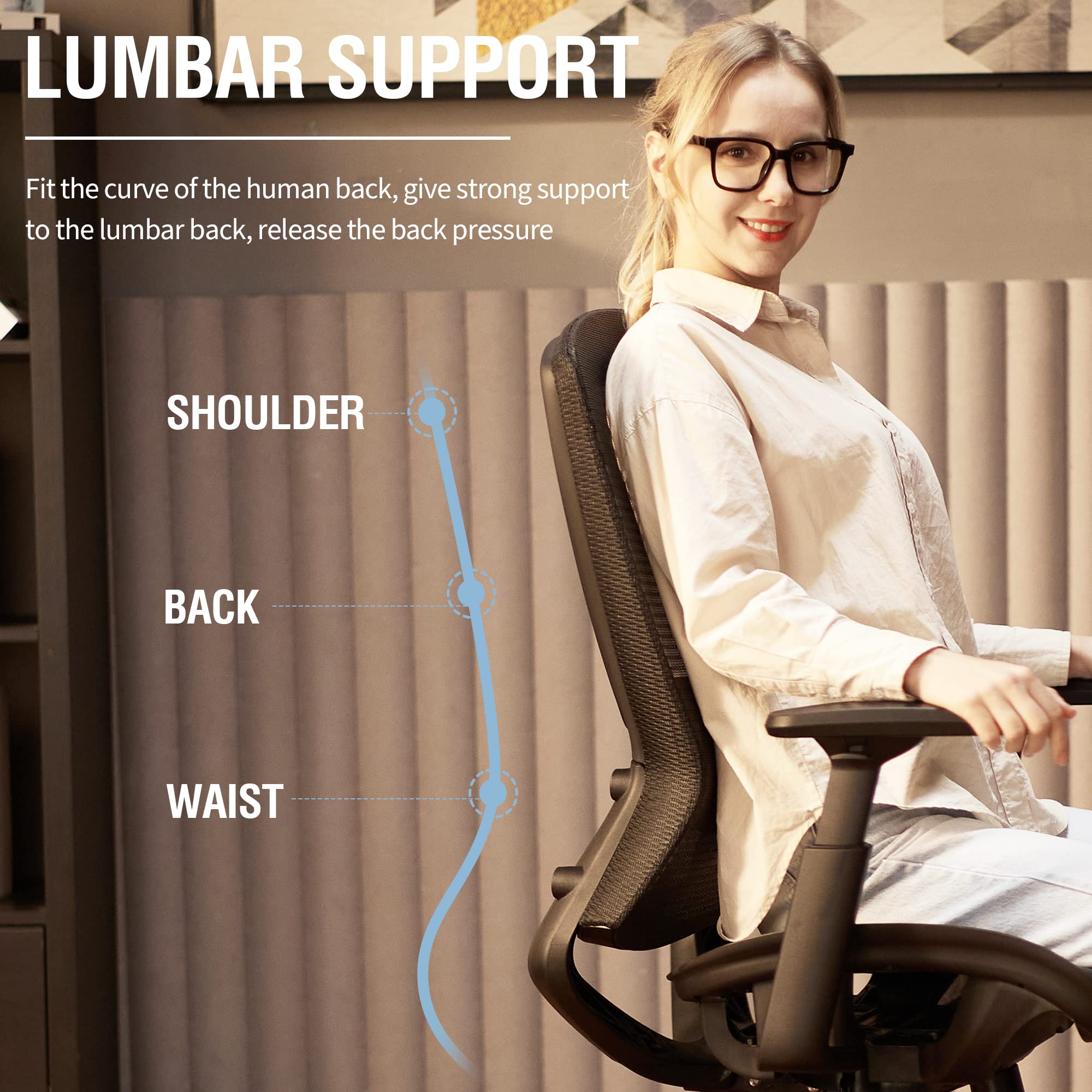 Ergonomic Mesh Office Chair with Lumbar & Armrests, Tilt Function, Wide Seat Swivel Task Chair, Black