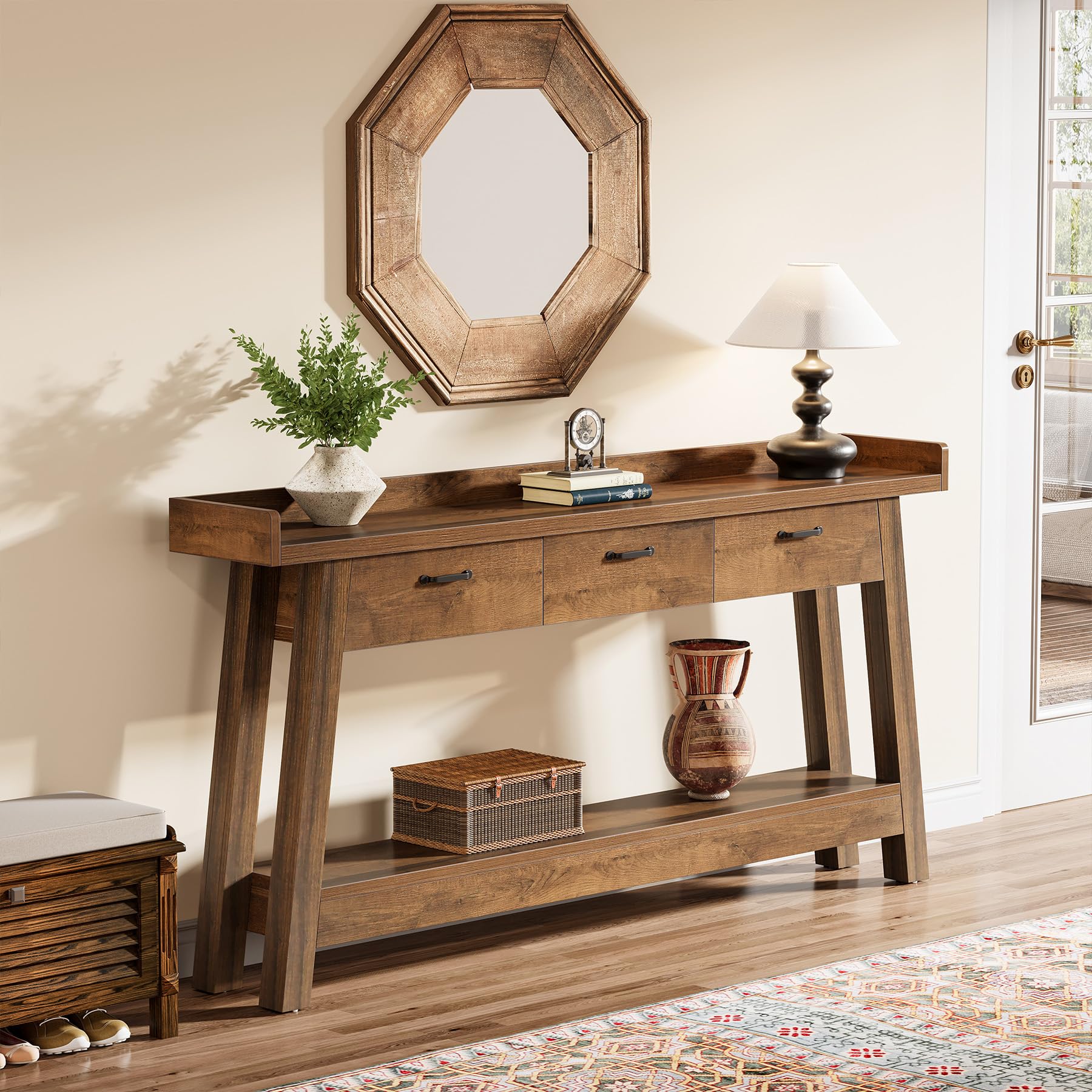 70.9" Farmhouse Console Table with 3 Drawers, 2-Tier Entryway Sofa Table with Raised Baffle & Storage, Rustic Brown