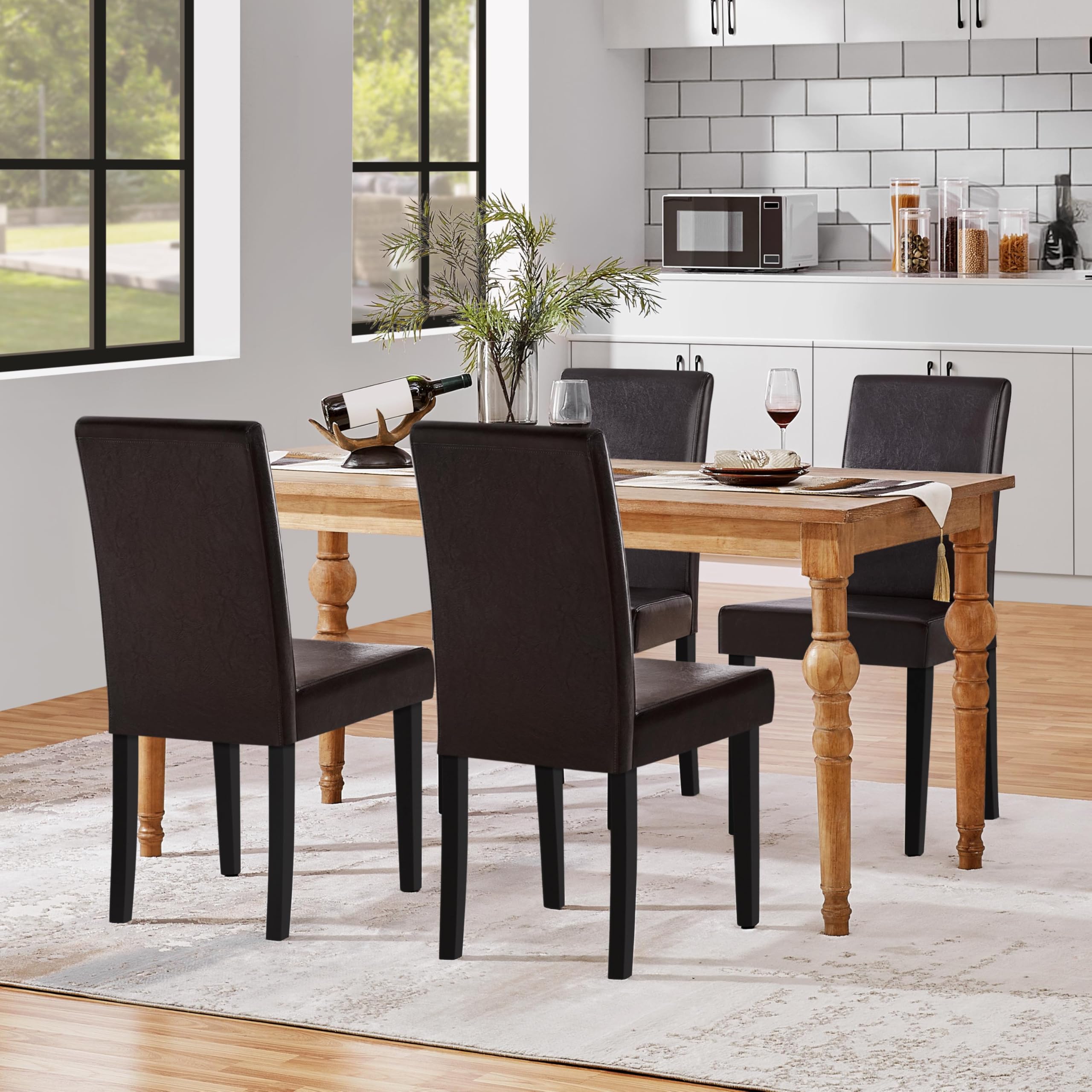 Set of 4 PU Leather Dining Chairs with Waterproof Surface & Wood Legs for Kitchen, Restaurant, Living Room