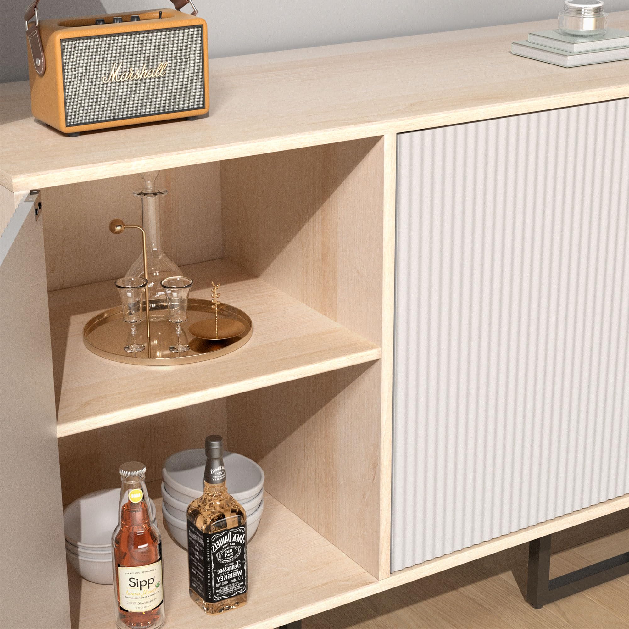 White Buffet Cabinet with Storage, 3-Door Coastal Sideboard with Metal Legs, Coffee Bar Organizer for Kitchen or Entryway