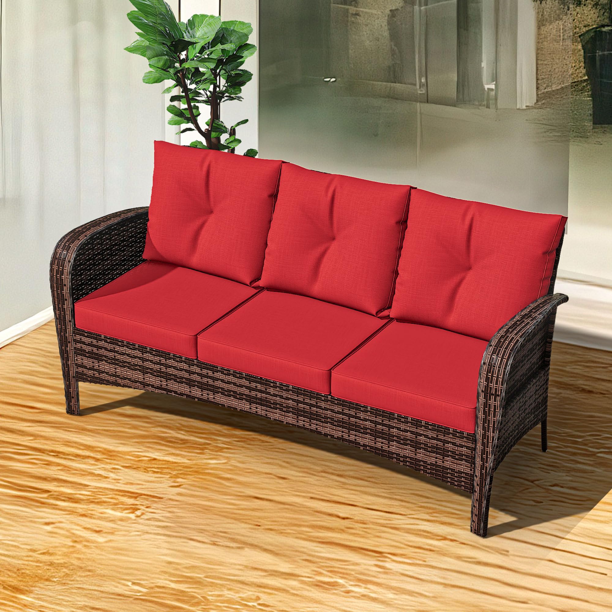 73" Red Wicker Patio Sofa, 3-Seater Rattan Couch with Cushions, Outdoor Deep Seat Furniture for Porch