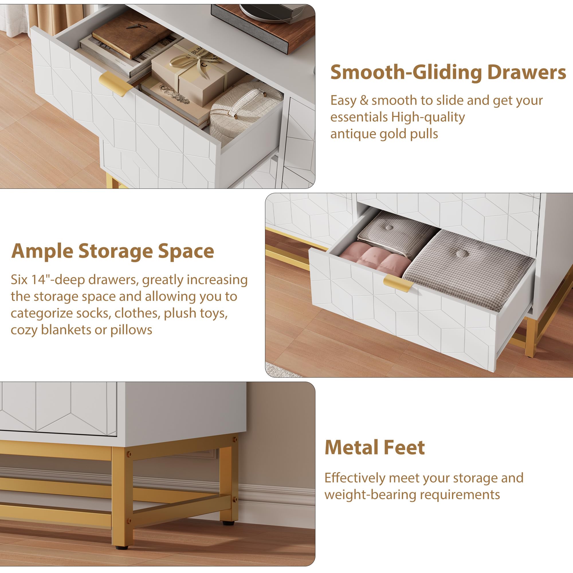 White 6-Drawer Dresser – Modern Double Chest with Gold Handles, Long Organizer for Living Room, Closet or Entryway