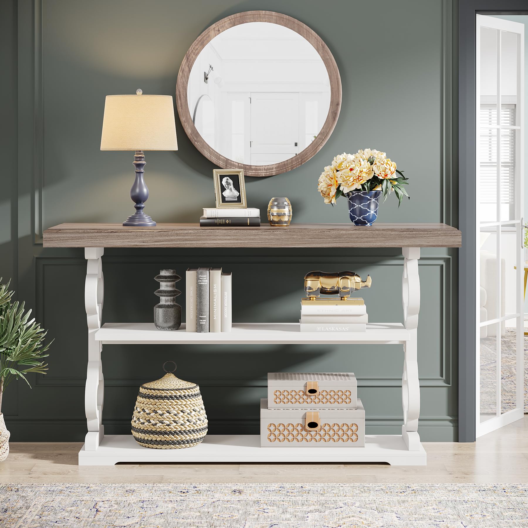 55" Farmhouse Console Table – Grey & White Wood Sofa Table with Storage Shelves for Entryway, Foyer or Living Room