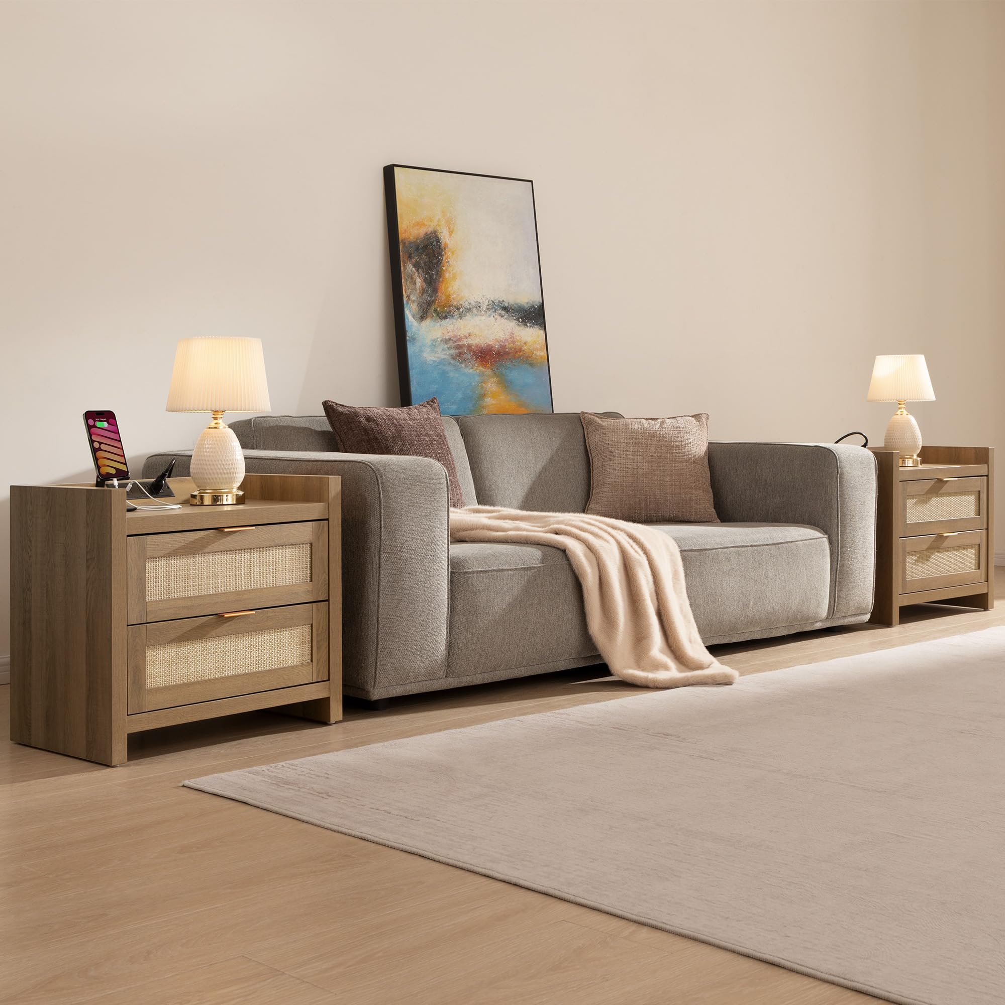 Natural Oak Rattan Nightstand Set of 2, Boho Bedside Tables with Type-C Charging Station & Storage