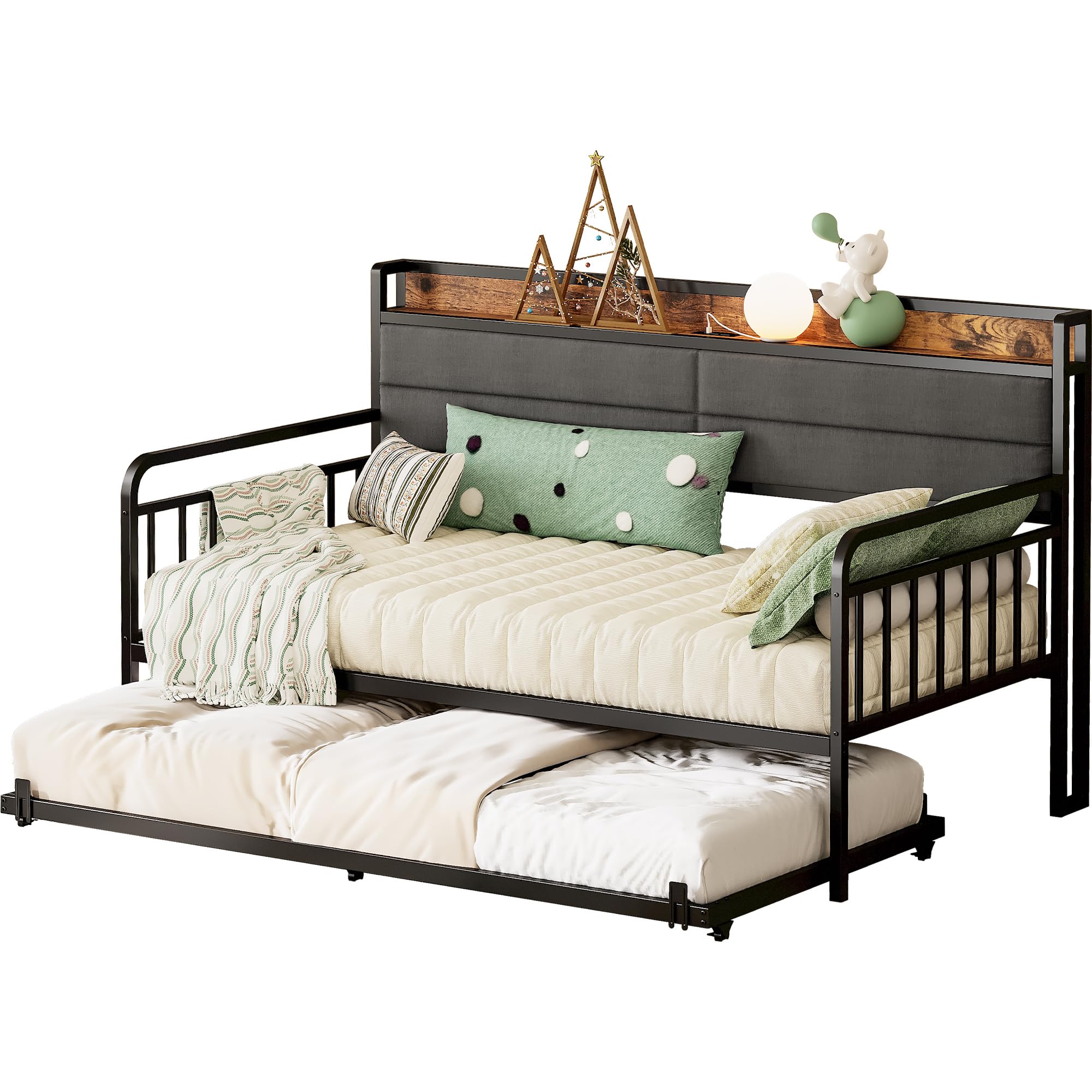 Twin XL Daybed with Trundle – Black Metal Frame with Headboard, Charging Station for Bedroom, Guest Room or Living Room