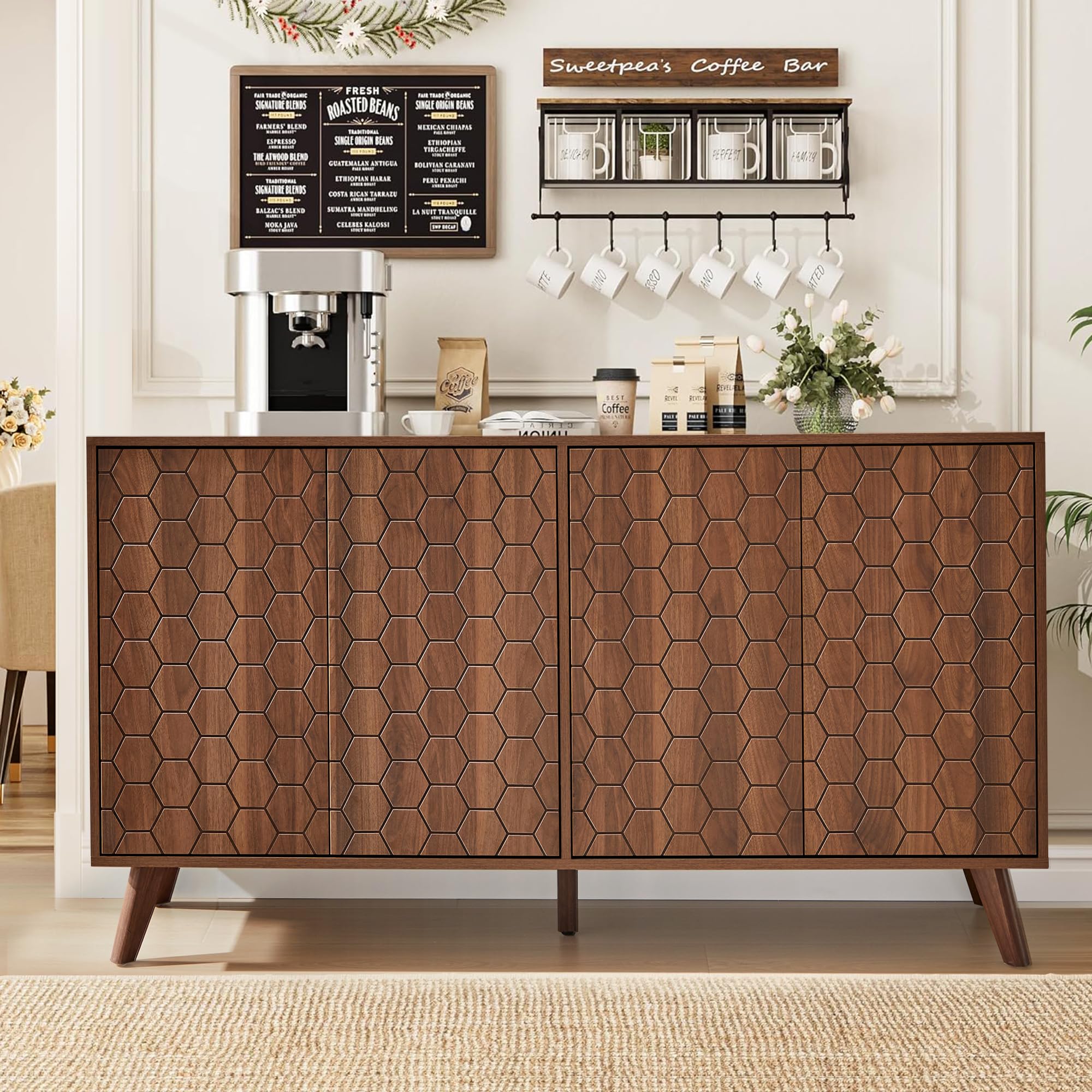FURNIXI 58'' Large Mid-Century Sideboard Buffet Cabinet, Wooden Credenza with 4 Doors & Shelves, TV Stand Coffee Bar Console