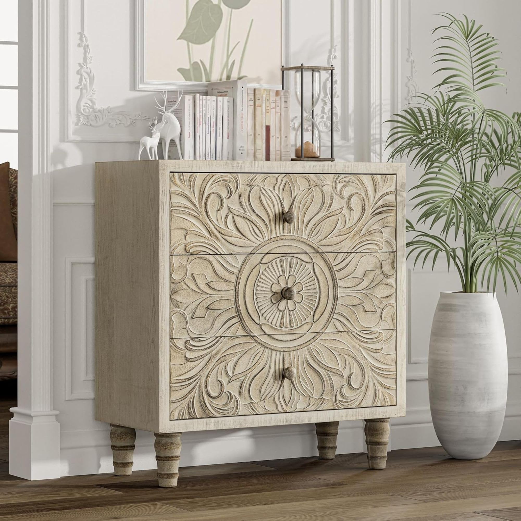 Boho 3-Drawer Dresser with Embossed Floral Motif, Rustic French Country Nightstand, Distressed White Finish