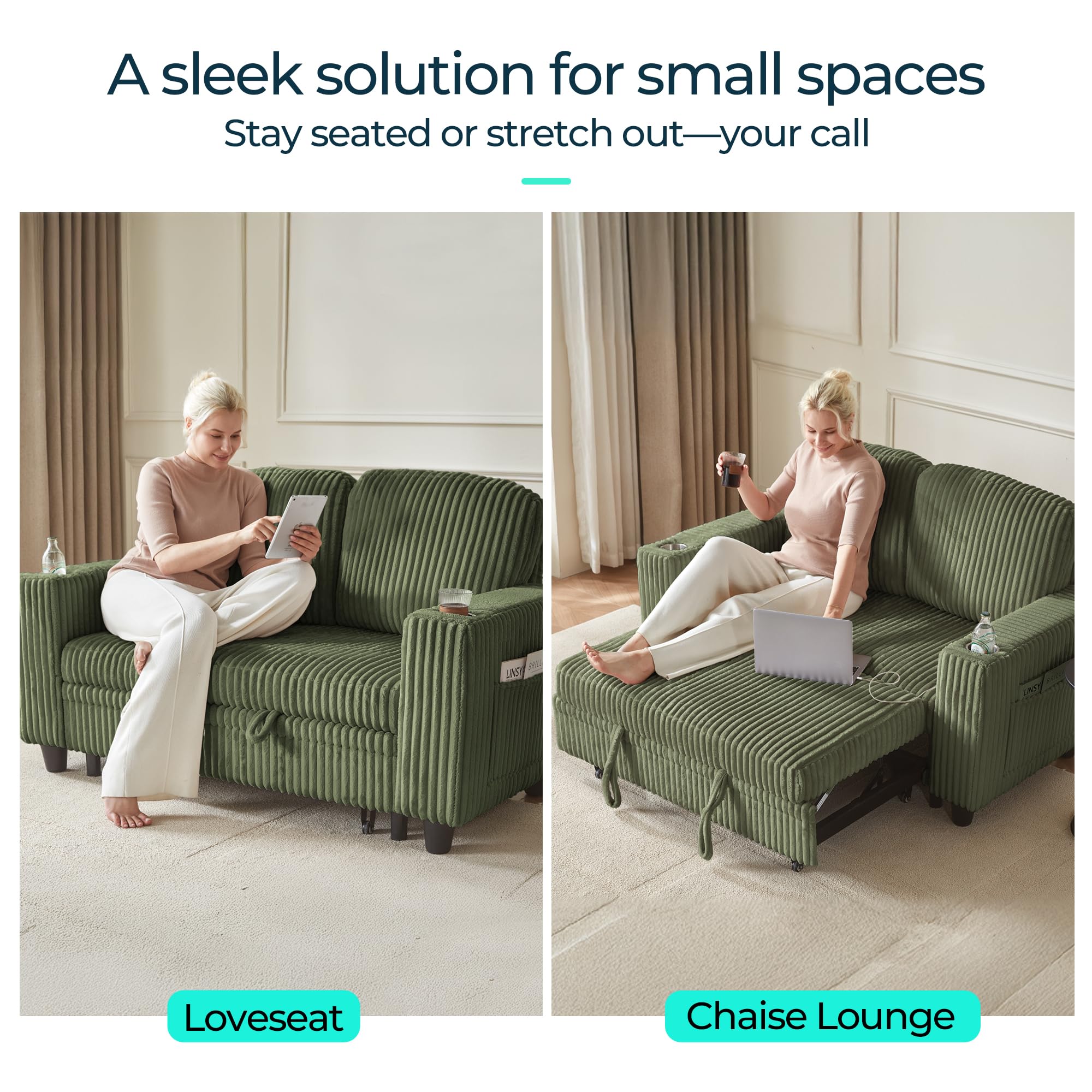 Pull Out Loveseat Sofa – Green Convertible Couch Chaise with USB Ports & Cup Holders, Plush Corduroy Sofa for Small Spaces