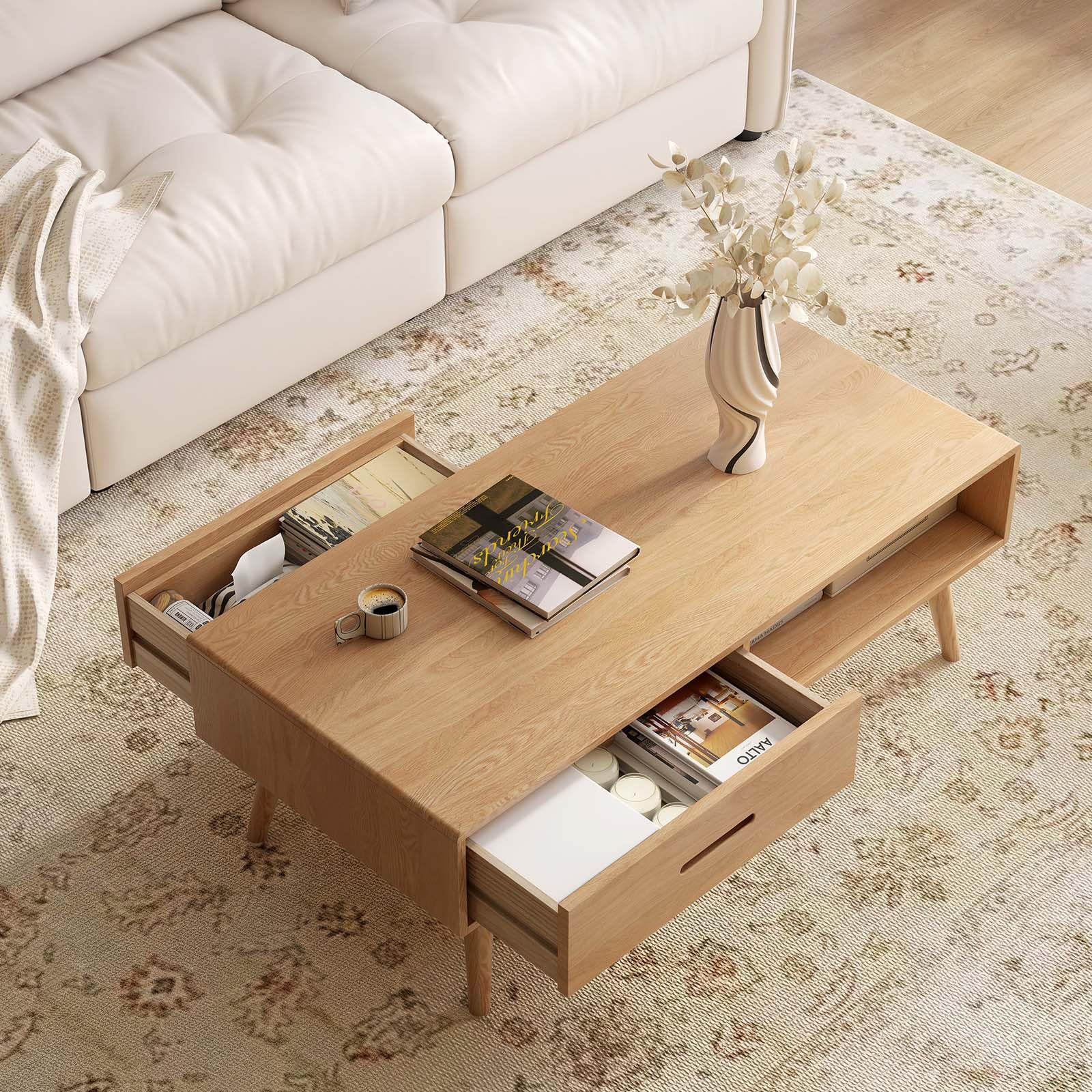 39.37'' Solid Wood Coffee Table, Mid-Century Modern Living Room Table with 2 Drawers & Storage Shelf, Oak Finish
