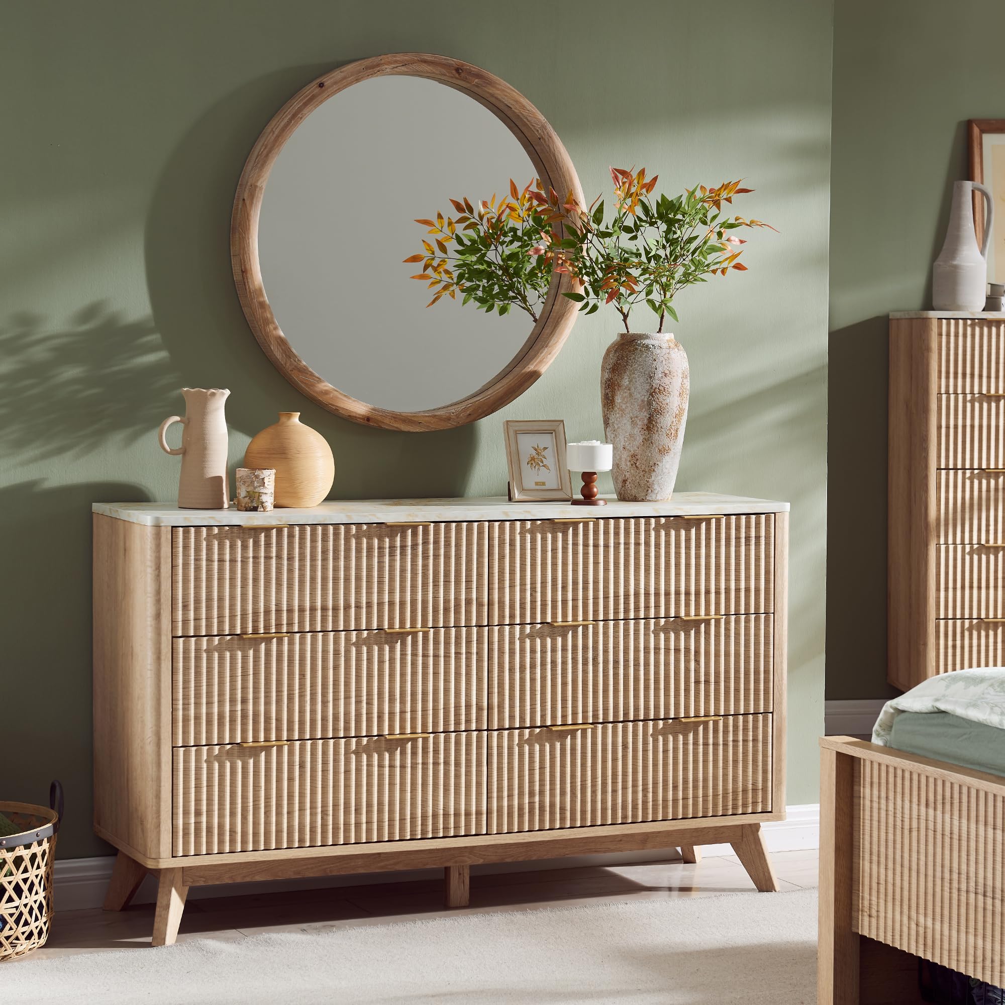 Fluted 6-Drawer Dresser – 54" Oak Chest with Faux Marble Top, Modern Organizer & TV Stand for Living Room or Hall