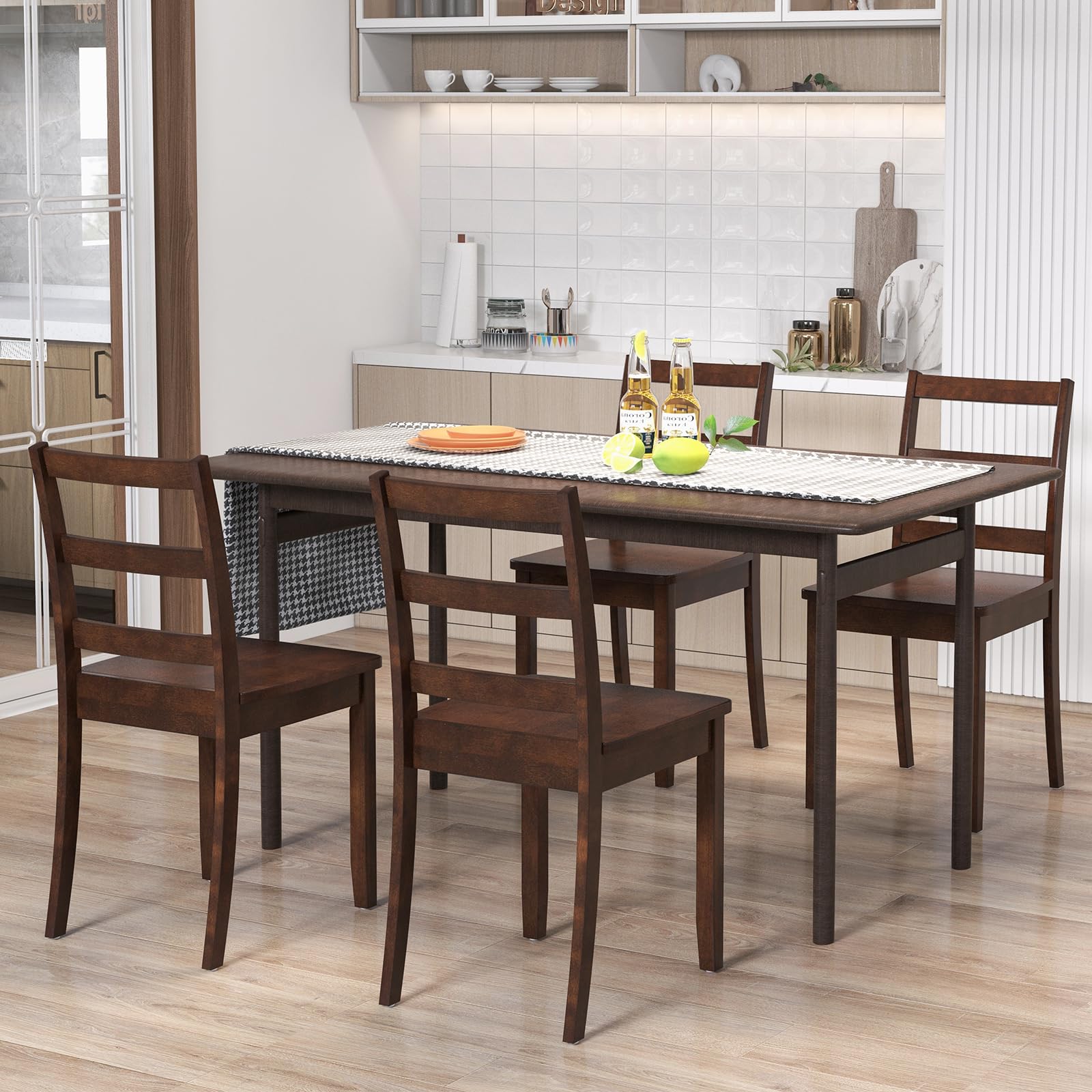 Set of 4 Walnut Wood Dining Chairs, Armless Ladder Back Kitchen Chairs with Solid Legs, 400 lb Capacity