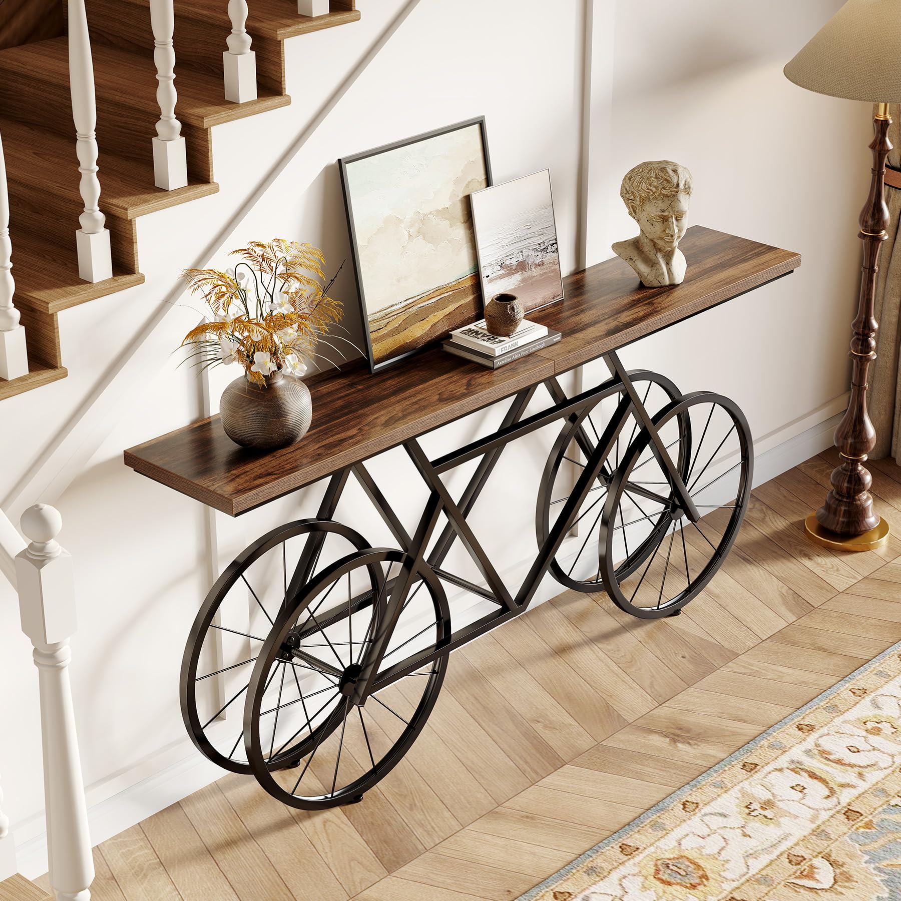 70.9" Extra Long Narrow Sofa Table, Farmhouse Console with Unique Bicycle Base for Living Room, Entryway, Rustic Brown