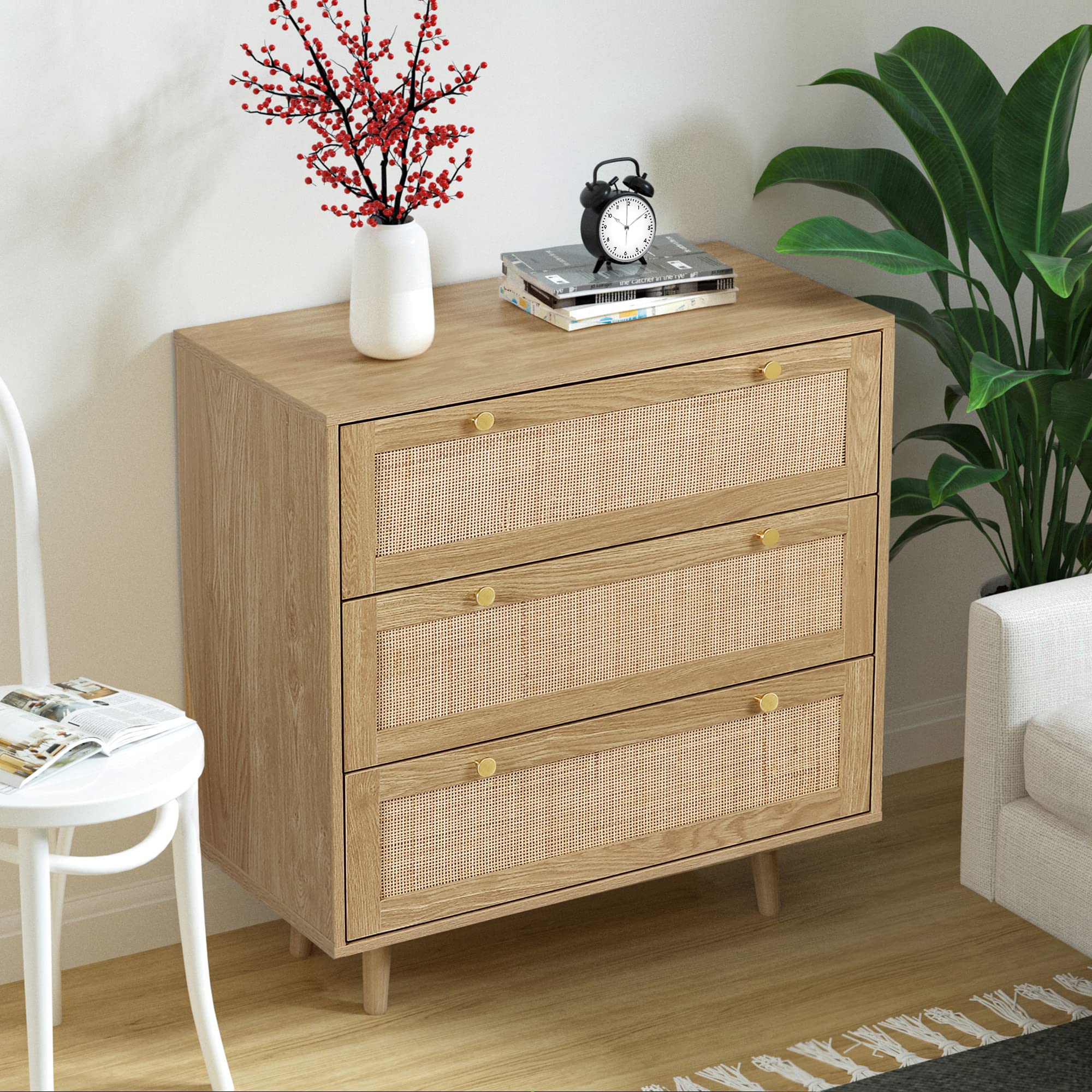 Modern Rattan 3-Drawer Dresser, Rustic Oak Wood Chest with Spacious Storage for Bedroom, Hallway, H0027