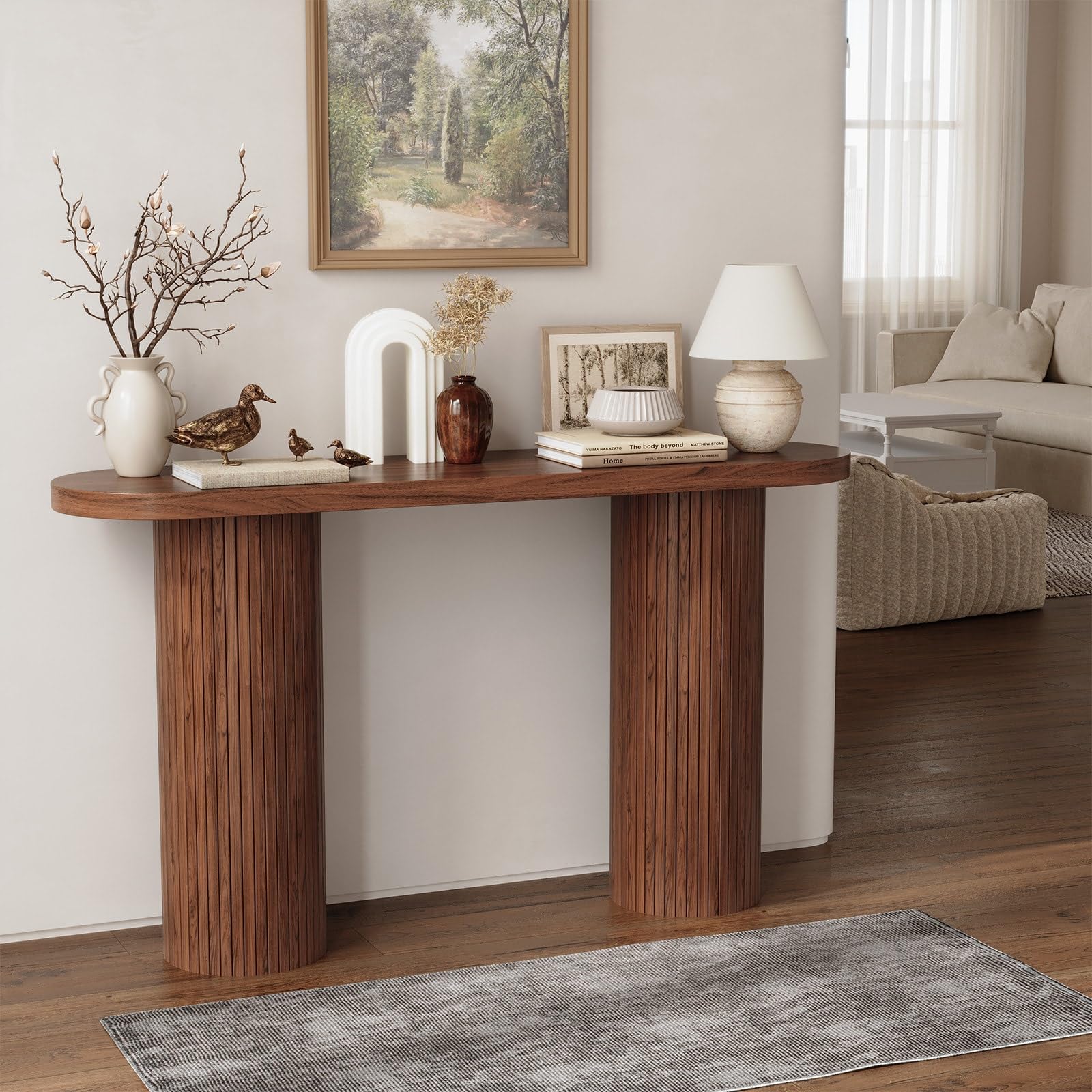 55" Fluted Console Table, Modern Wood Entryway Table for Behind Sofa or Hallway, Farmhouse Style, Walnut Finish