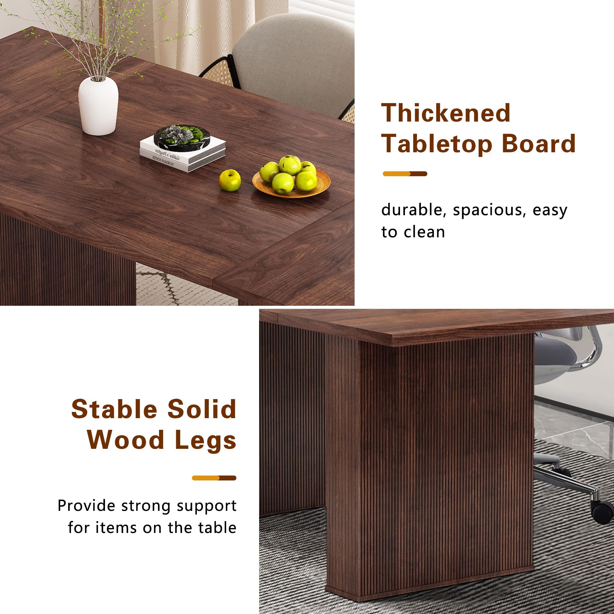 78" Modern Farmhouse Dining Table, Long Walnut Kitchen Table with Wood Strip Base for 6-10 People