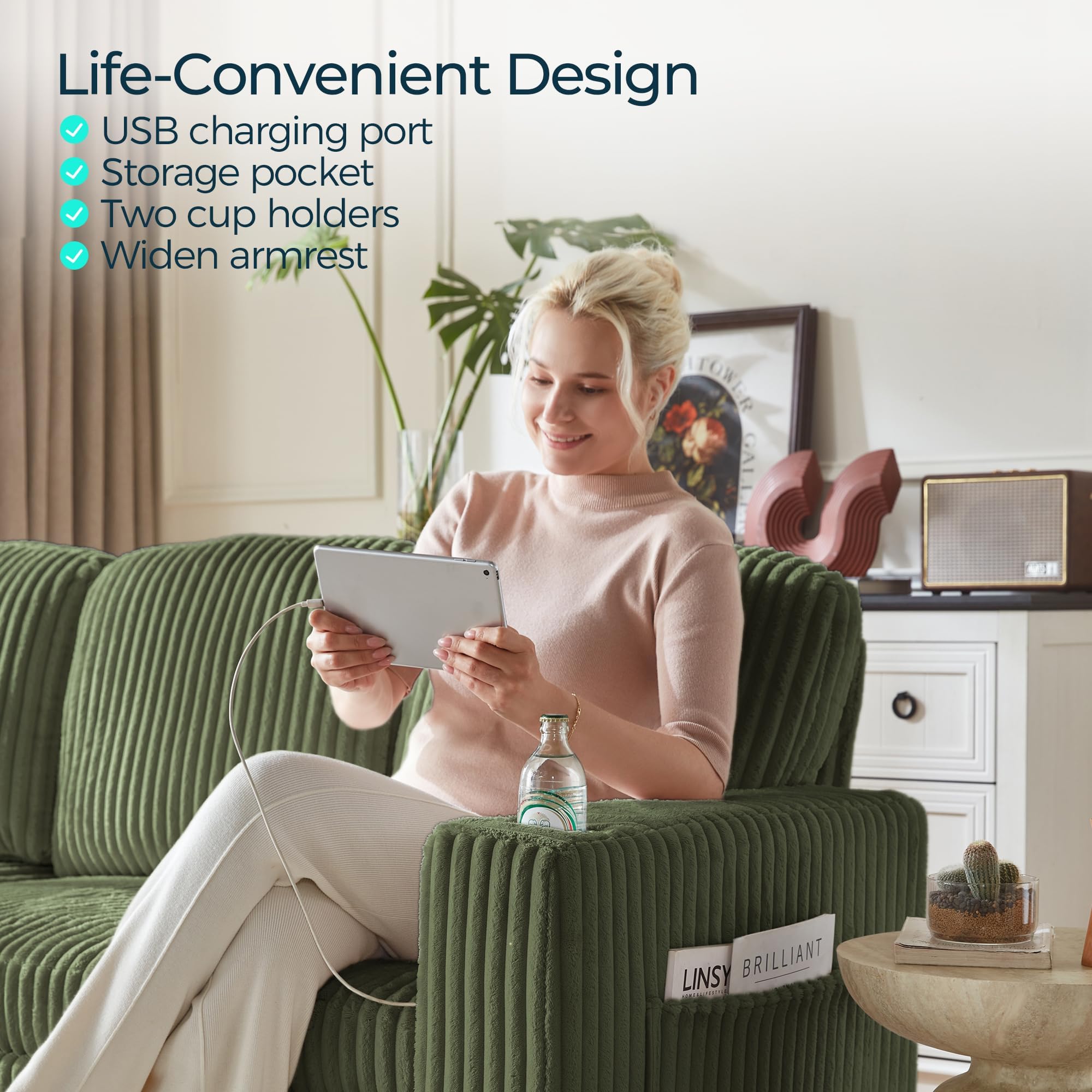 Convertible Sleeper Sofa with Storage Chaise, Corduroy Pull-Out Couch Bed with USB, L-Shaped Modular Sofa, Green