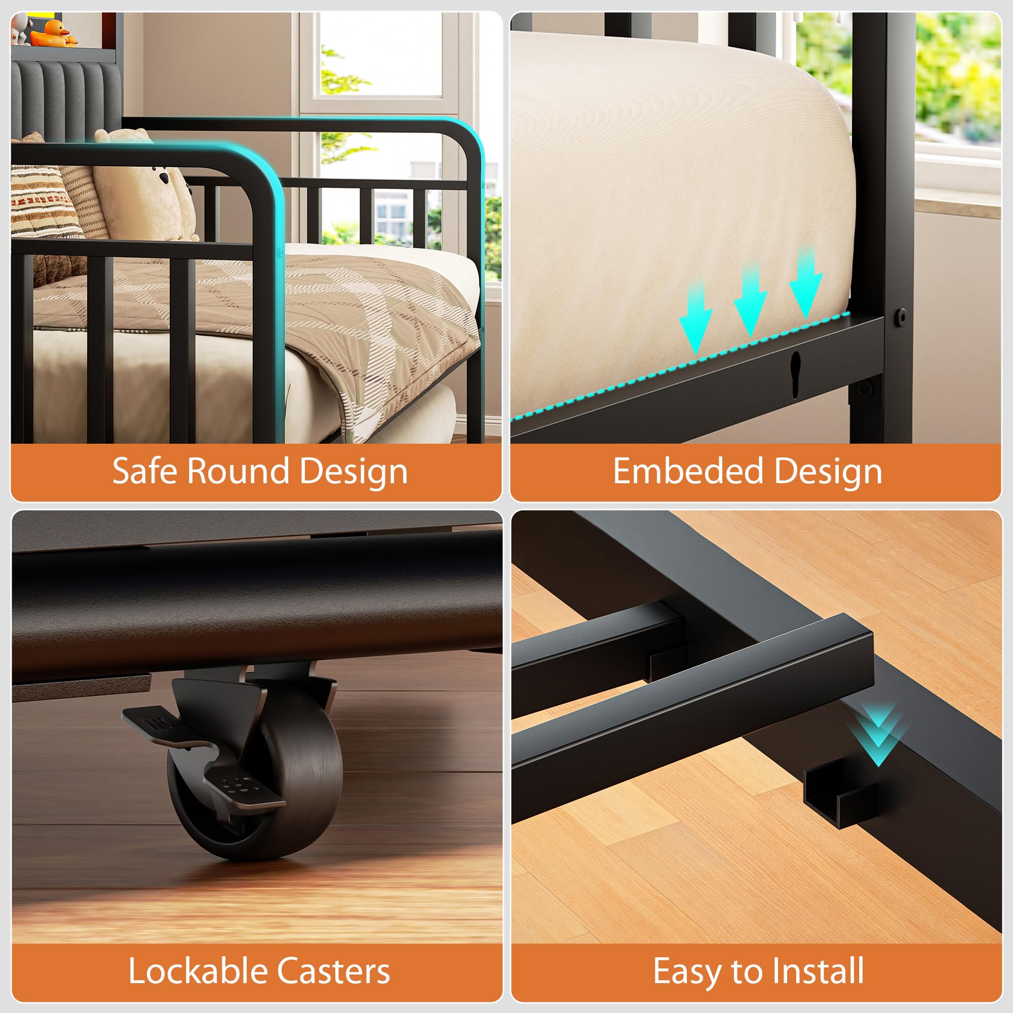 Pop-Up Trundle Daybed – Black Metal Full Frame with Storage Headboard, LED Lights & Charging Station for Guest Room