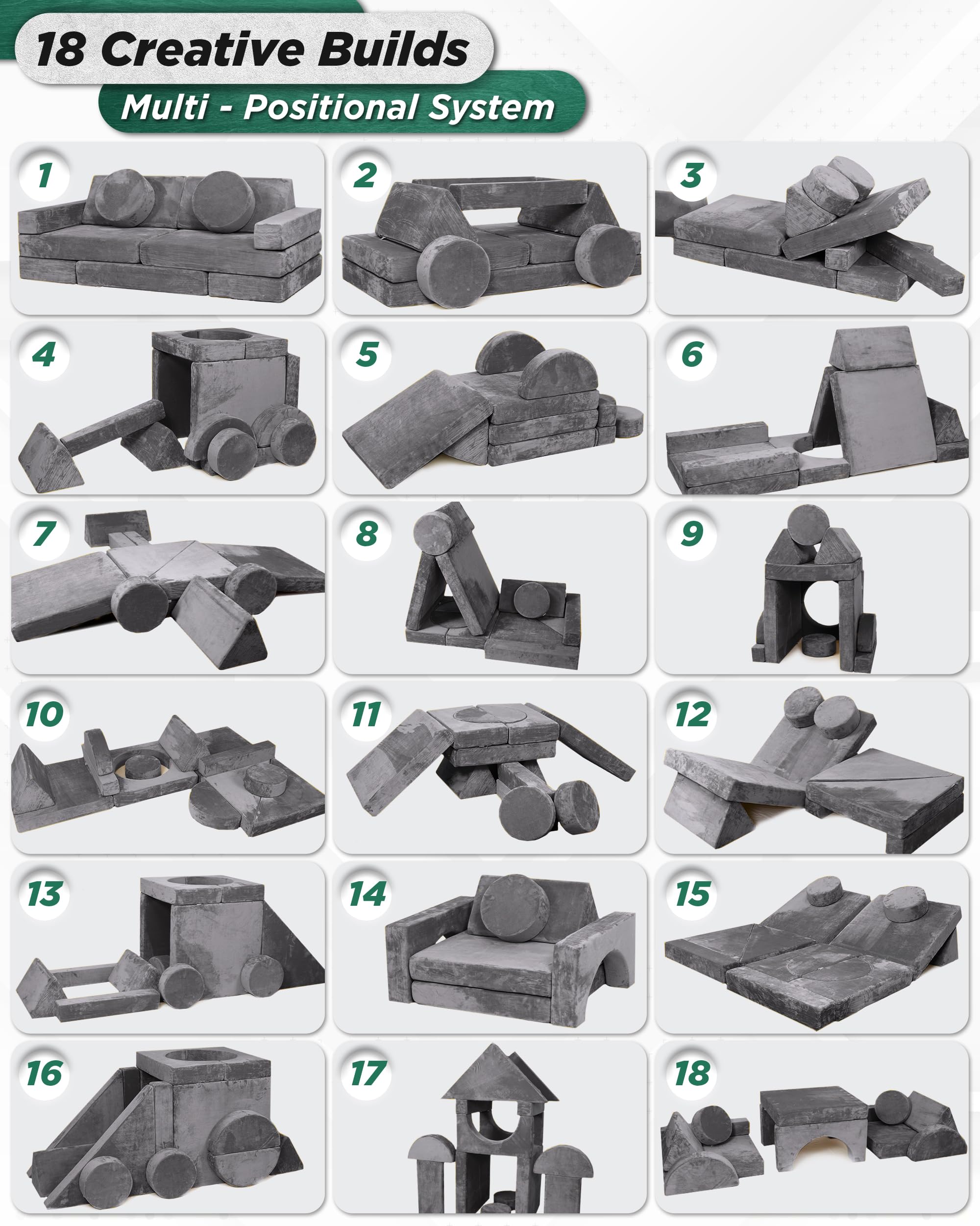 LX15 Modular 14pcs Kids Play Couch, Convertible Foam Sofa Fort for Playroom, Toddler Furniture, Steel Gray