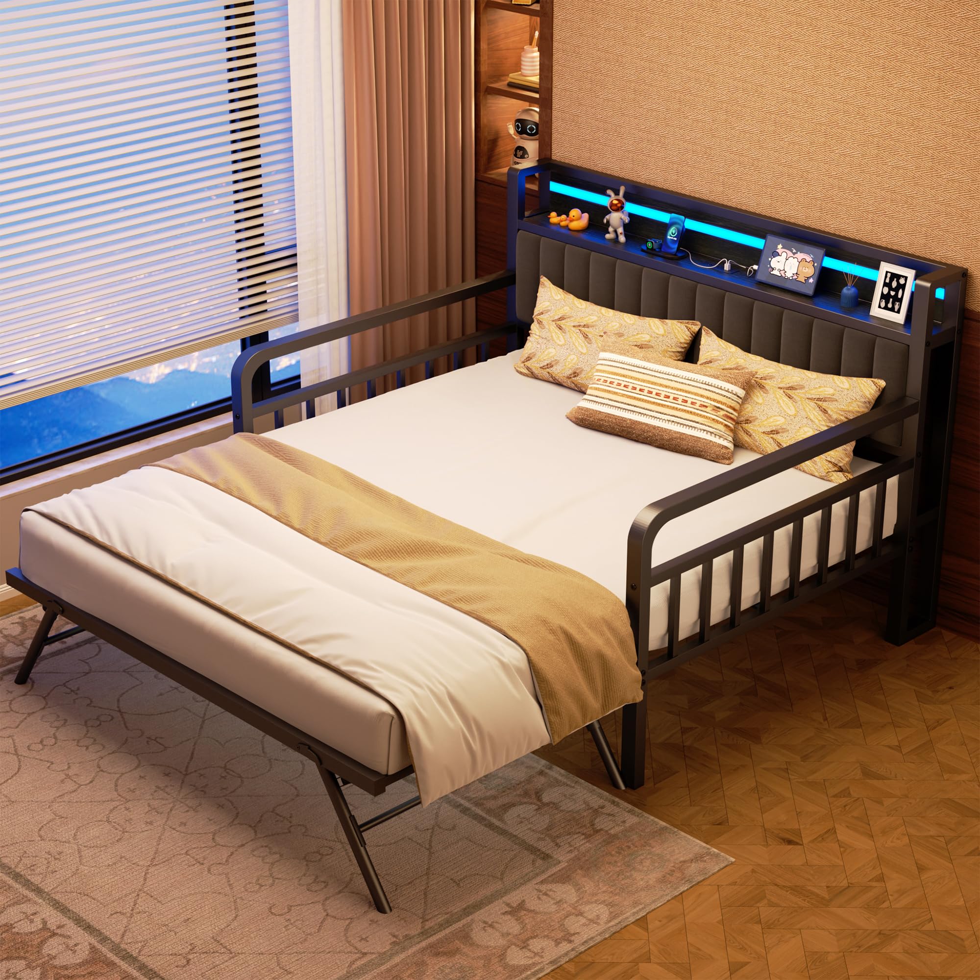 Pop-Up Trundle Daybed – Black Metal Full Frame with Storage Headboard, LED Lights & Charging Station for Guest Room