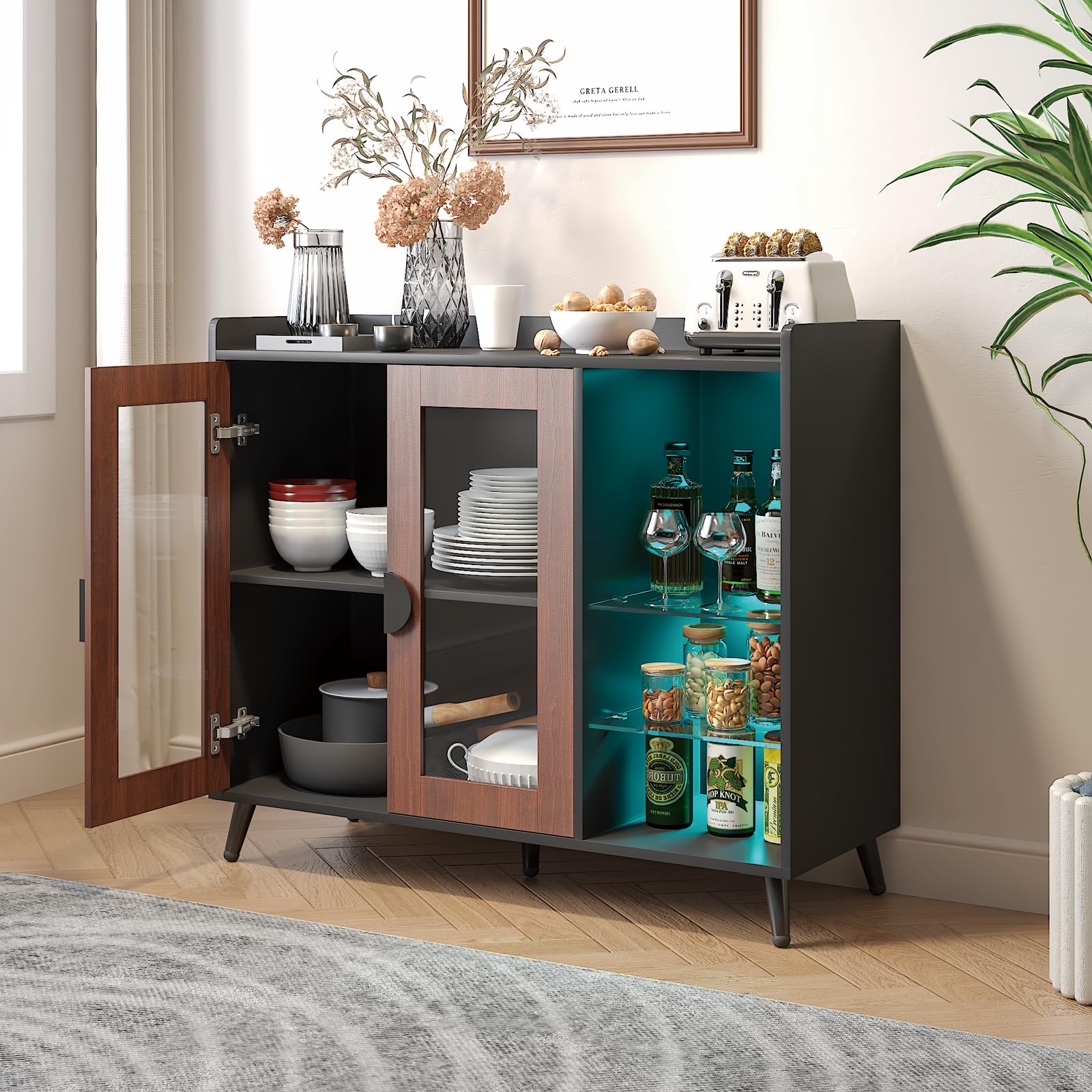 FURNIXI Sideboard Buffet Cabinet with Storage, Modern LED Coffee Bar Console with Glass Shelves & Acrylic Doors, for Dining Room