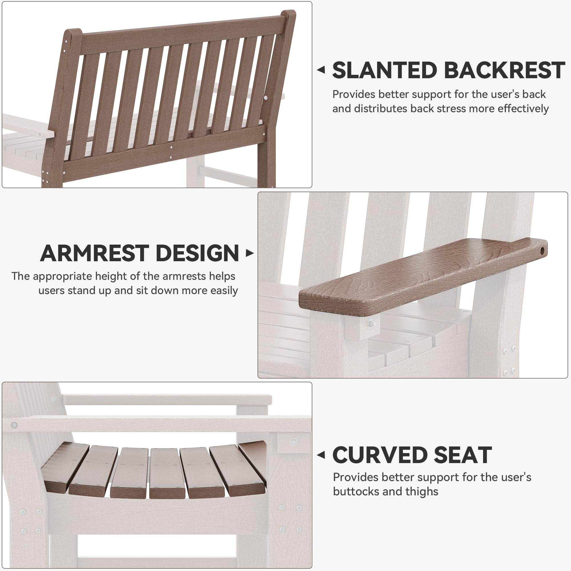 Brown HDPE Garden Bench, All-Weather Outdoor Seating, 2-3 Person Patio Bench Fade and Rot Resistant