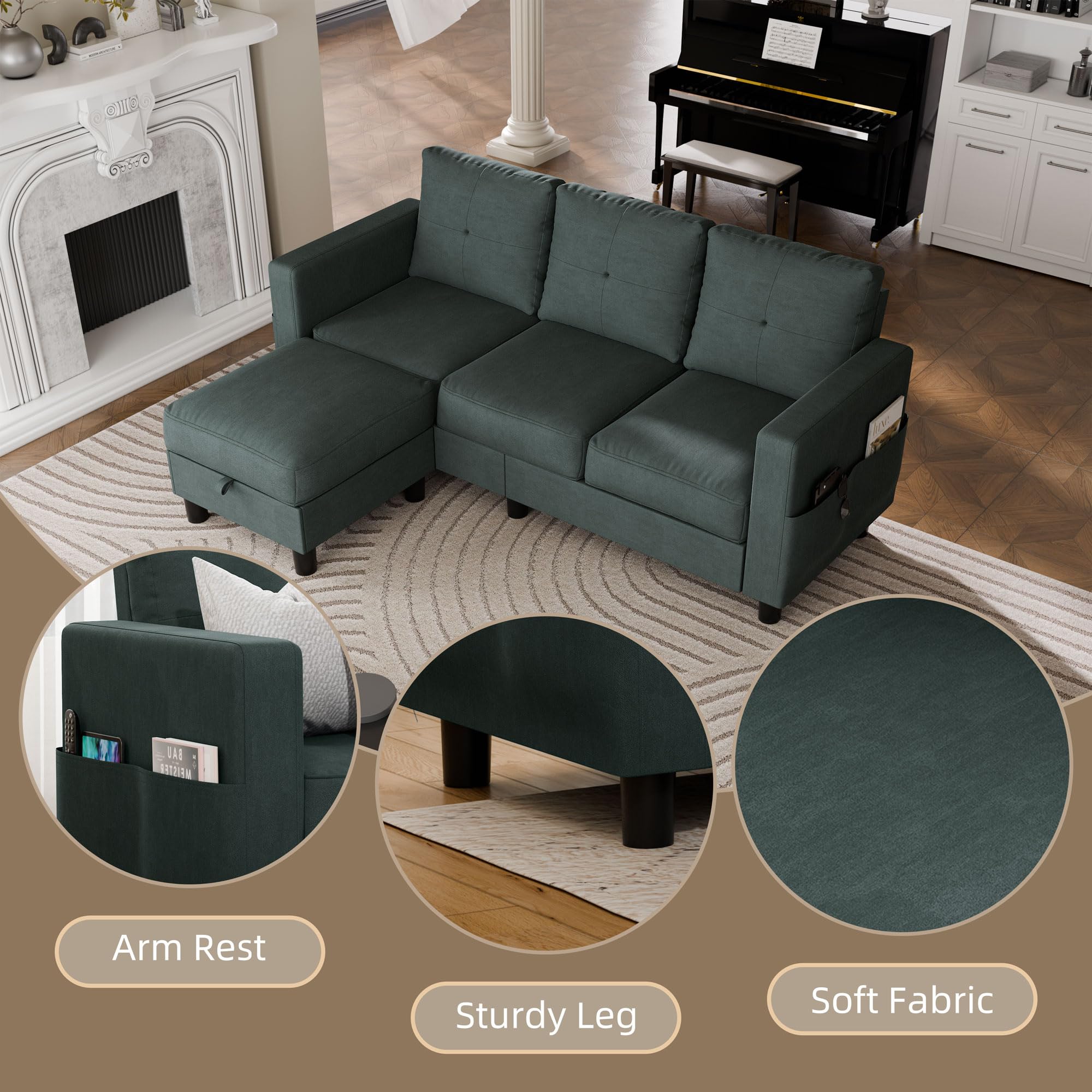 L-Shaped Convertible Sectional Sofa with Ottoman, Green 3-Seater Couch for Apartment, Office, Small Living Room