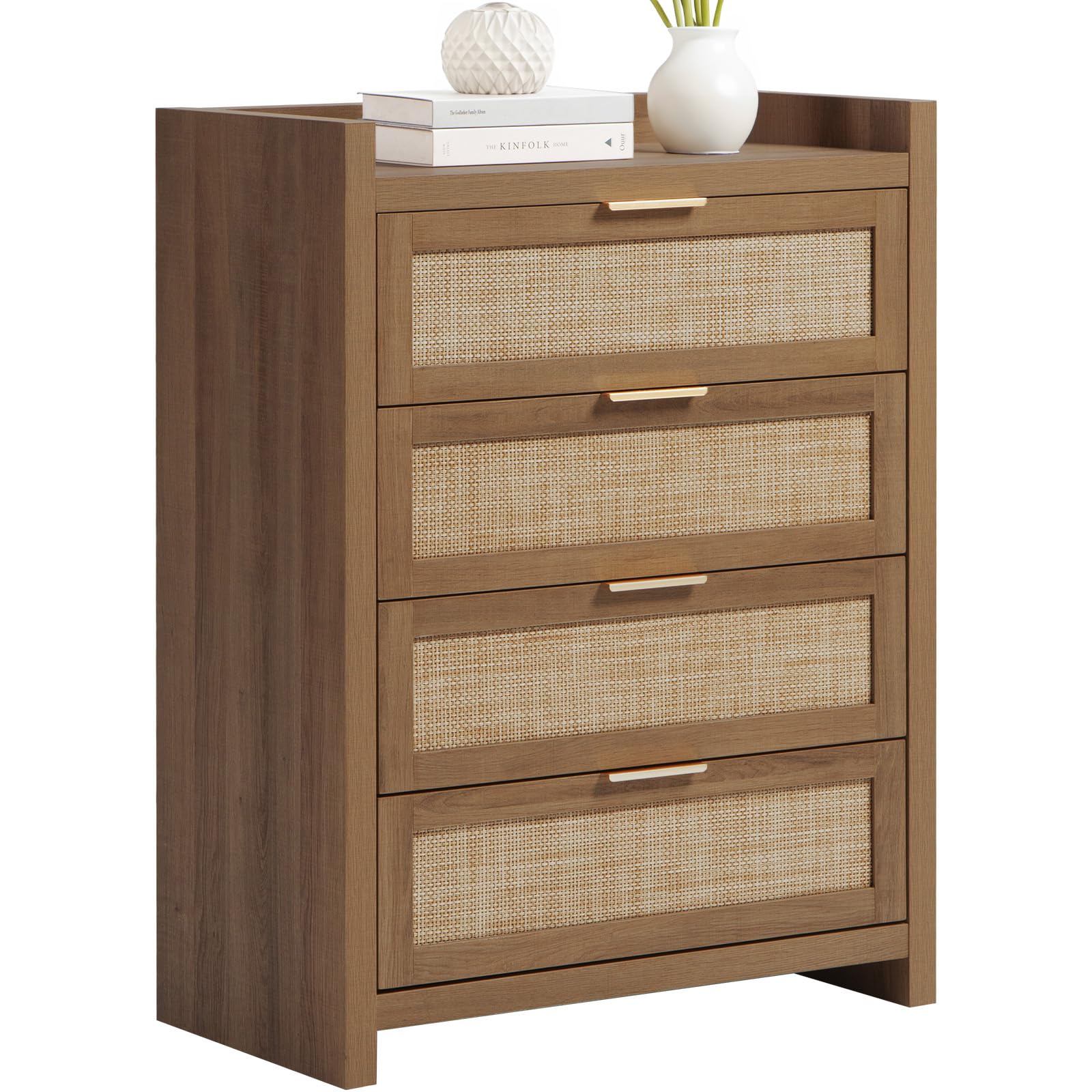 38" Tall 4-Drawer Rattan Dresser for Bedroom, Boho Chest with Storage Cabinet for Closet, Living Room, or Entryway