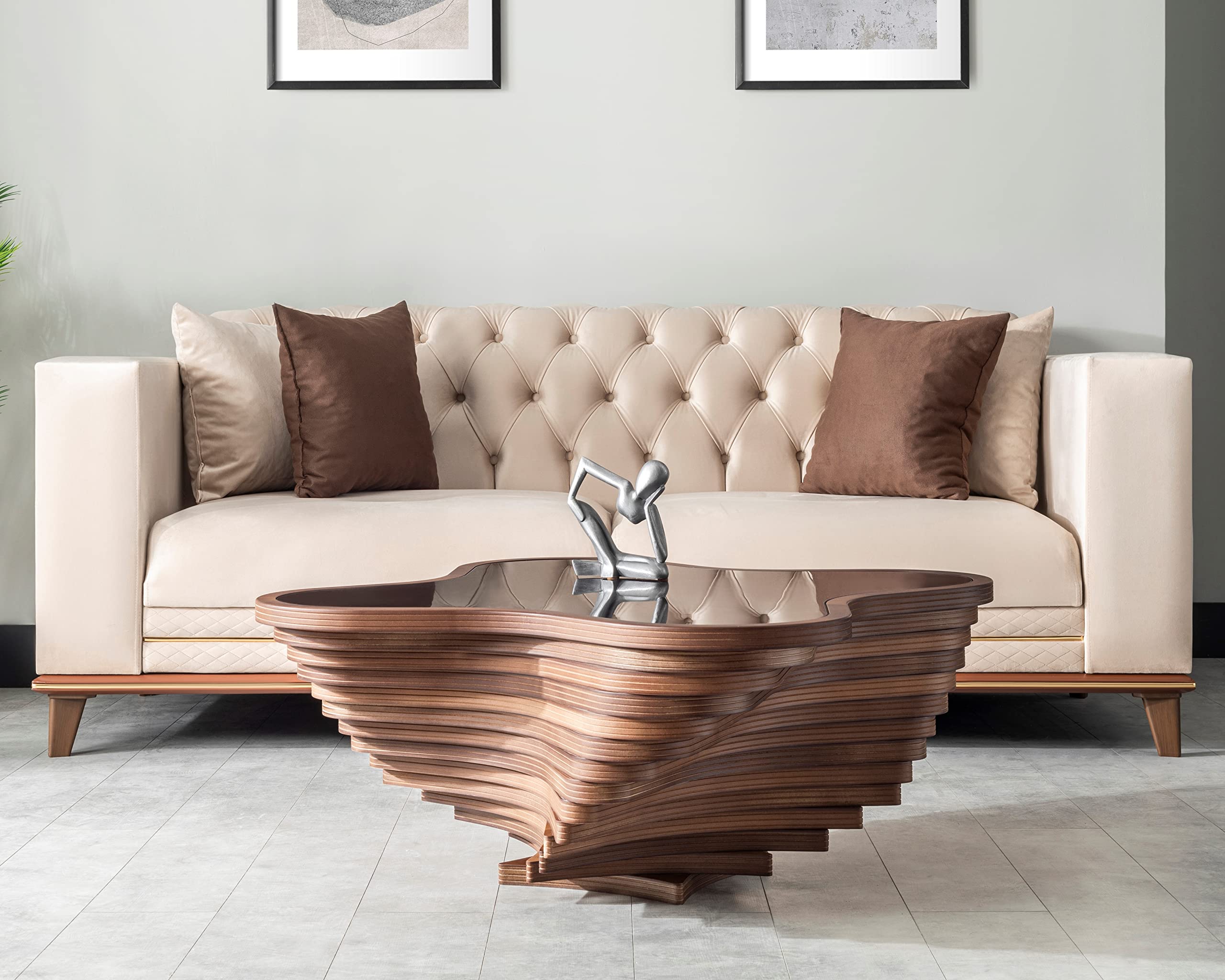 Modern Walnut Coffee Table with Tempered Glass Top, Layered Wave Design, Rustic Living Room Accent
