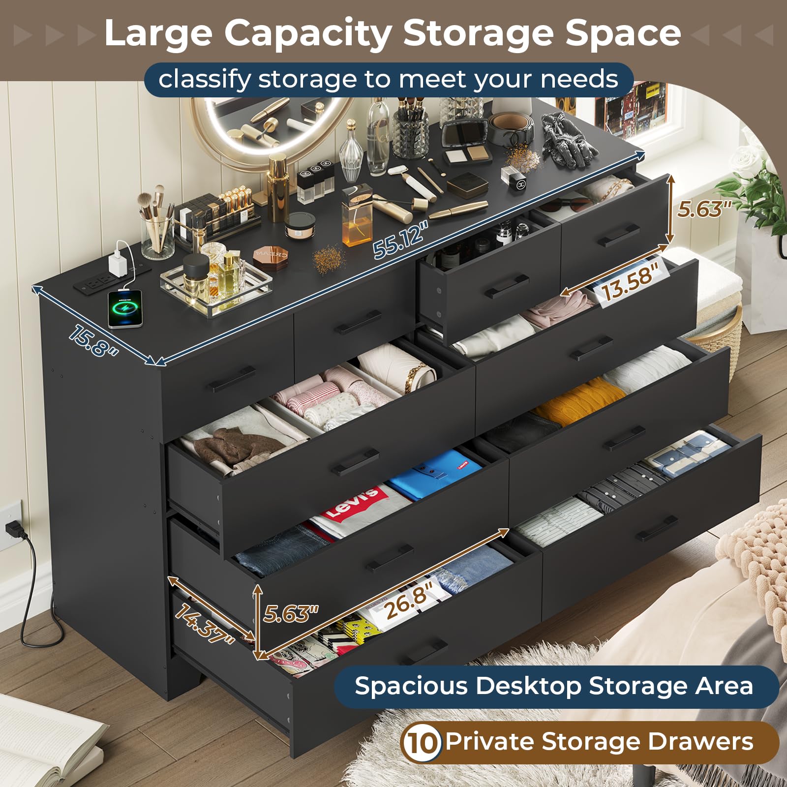10-Drawer Black Dresser – Large Bedroom Storage Organizer with Power Outlets, Can Be Used as TV Stand, 55.1" Wide