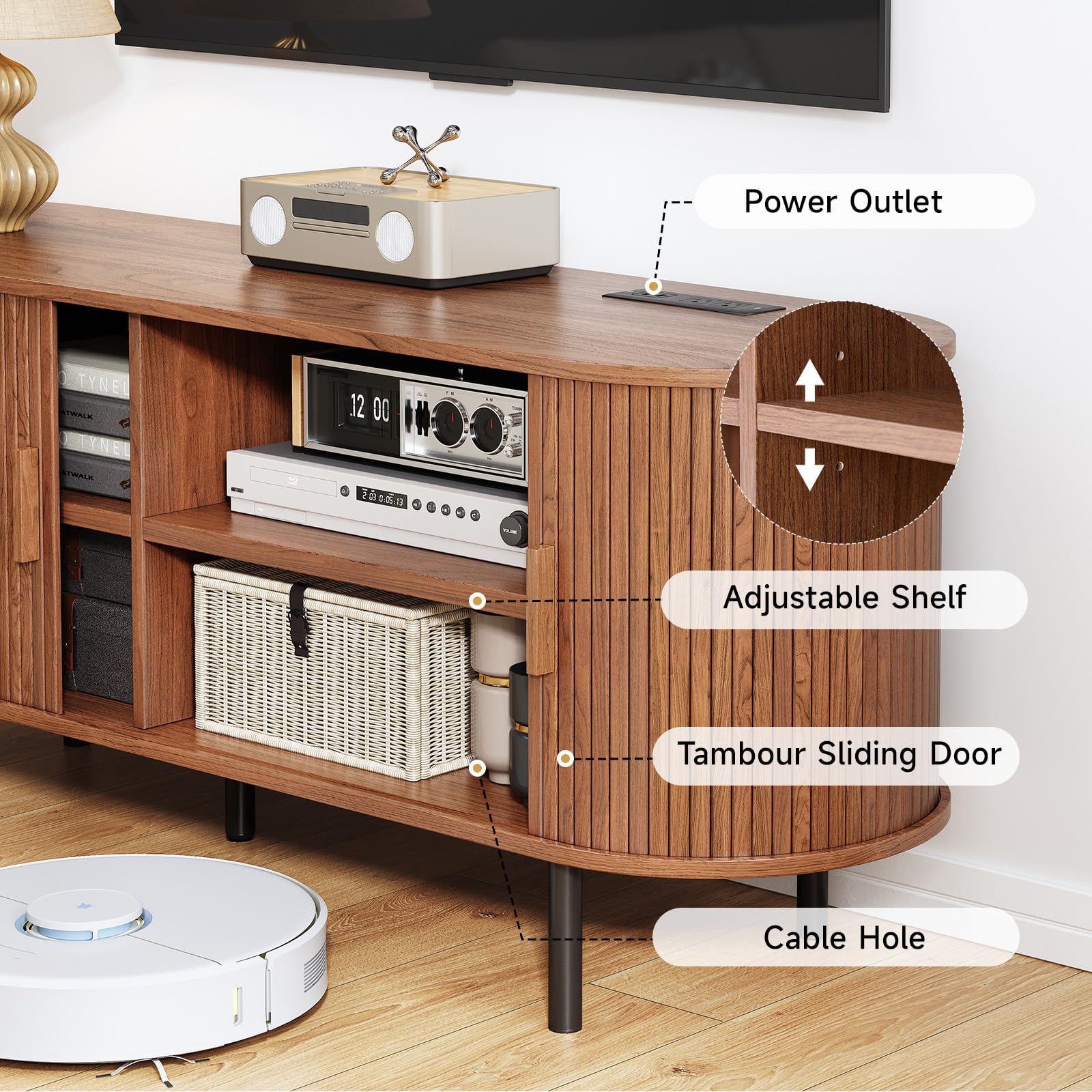 60" TV Stand with Power Outlet – Mid-Century Modern Entertainment Console with Sliding Doors & Adjustable Shelves, Walnut